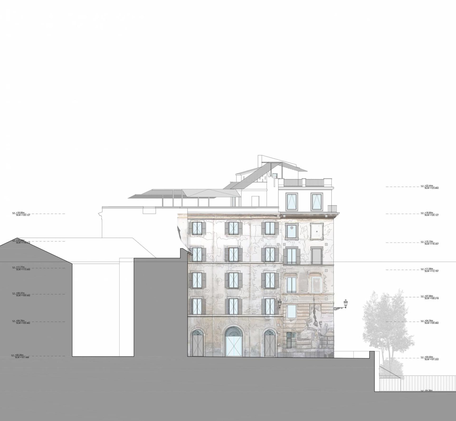 A detailed architectural section drawing of a modern building exterior, rendered on paper, showcasing design features and dim