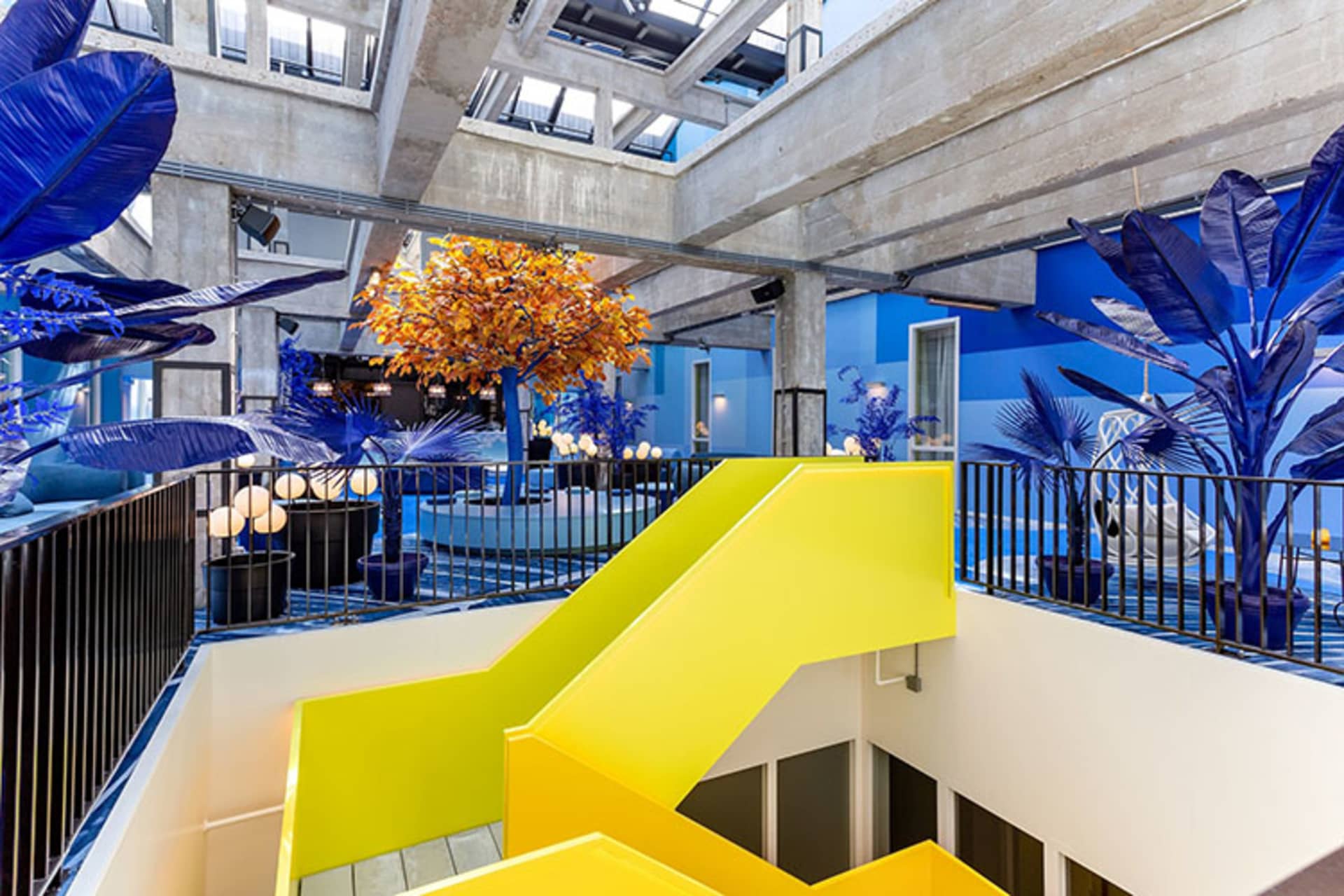An industrial-style lobby with concrete walls, a yellow staircase, and vibrant blue plants.