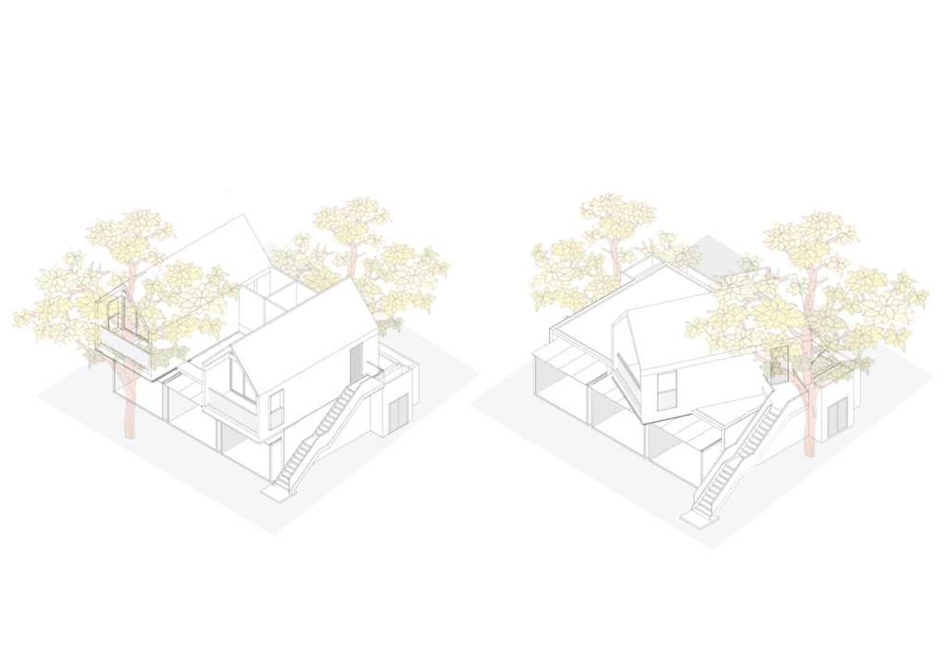 以木質材料打造的現代住宅,特色為單層起居空間上方設有挑高客廳