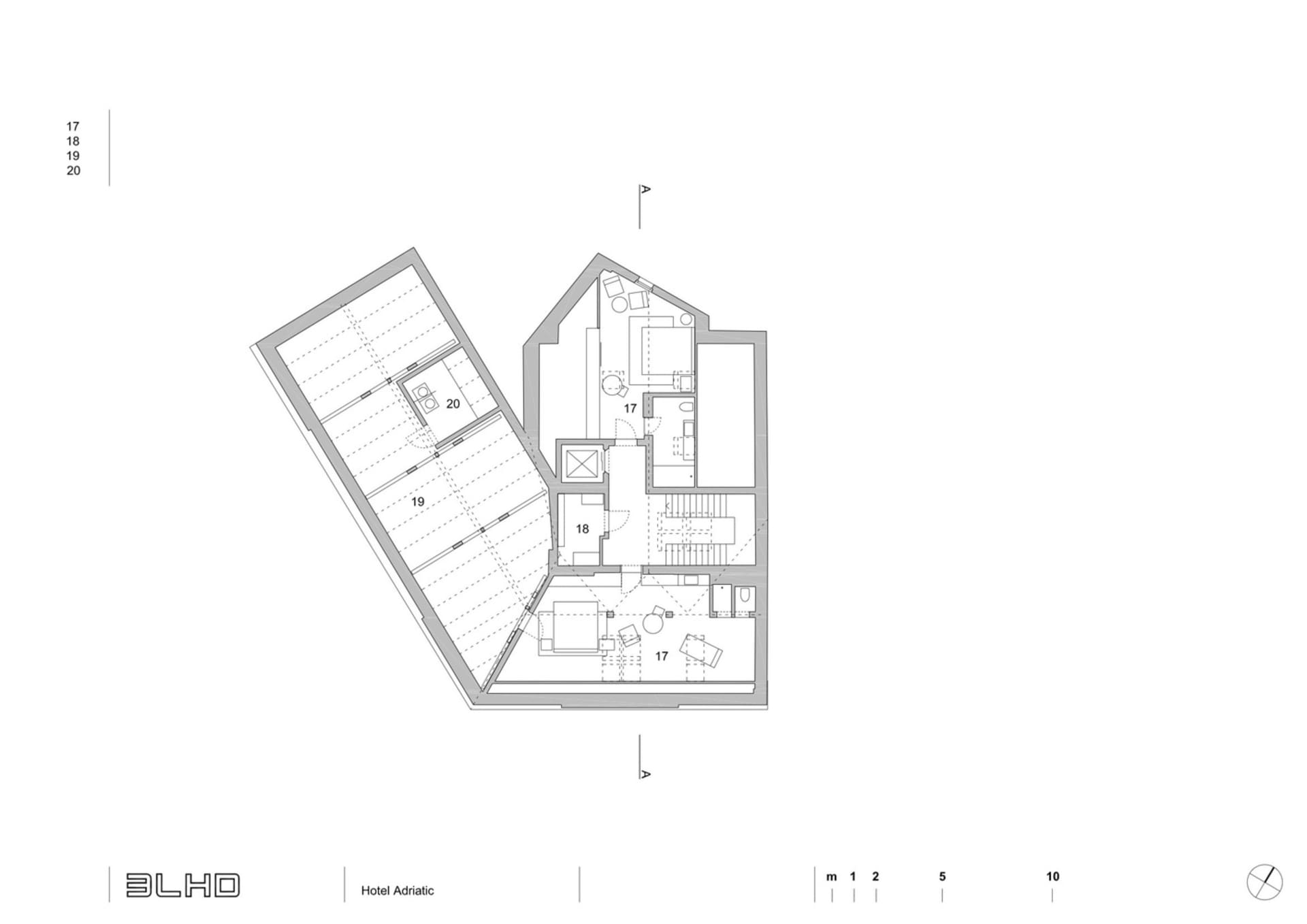 A detailed 2D architectural drawing of Hotel Adriatic's floor plan, showing room layouts and dimensions.