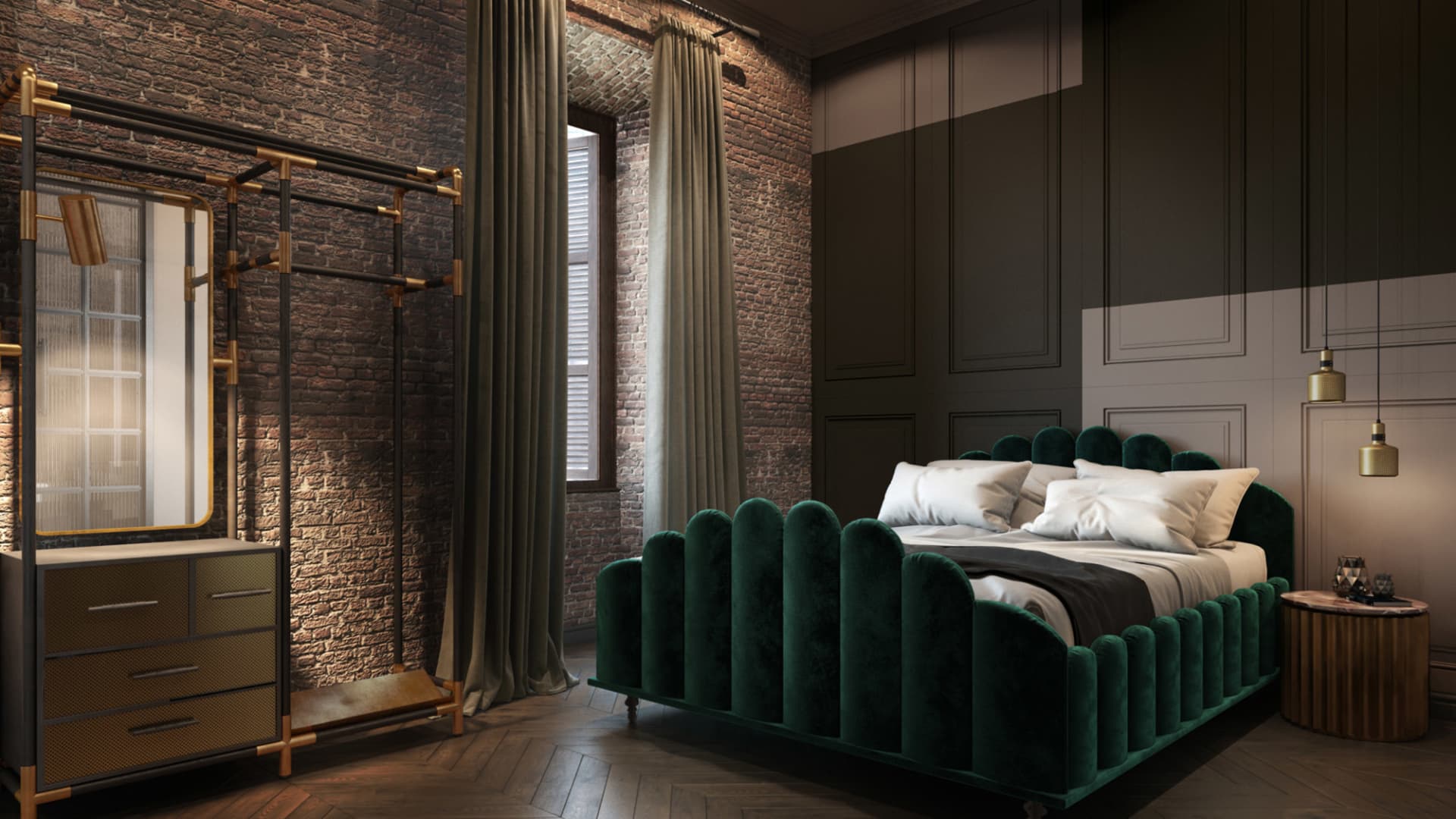 Modern industrial bedroom with a green velvet bed against a brick wall with large windows.