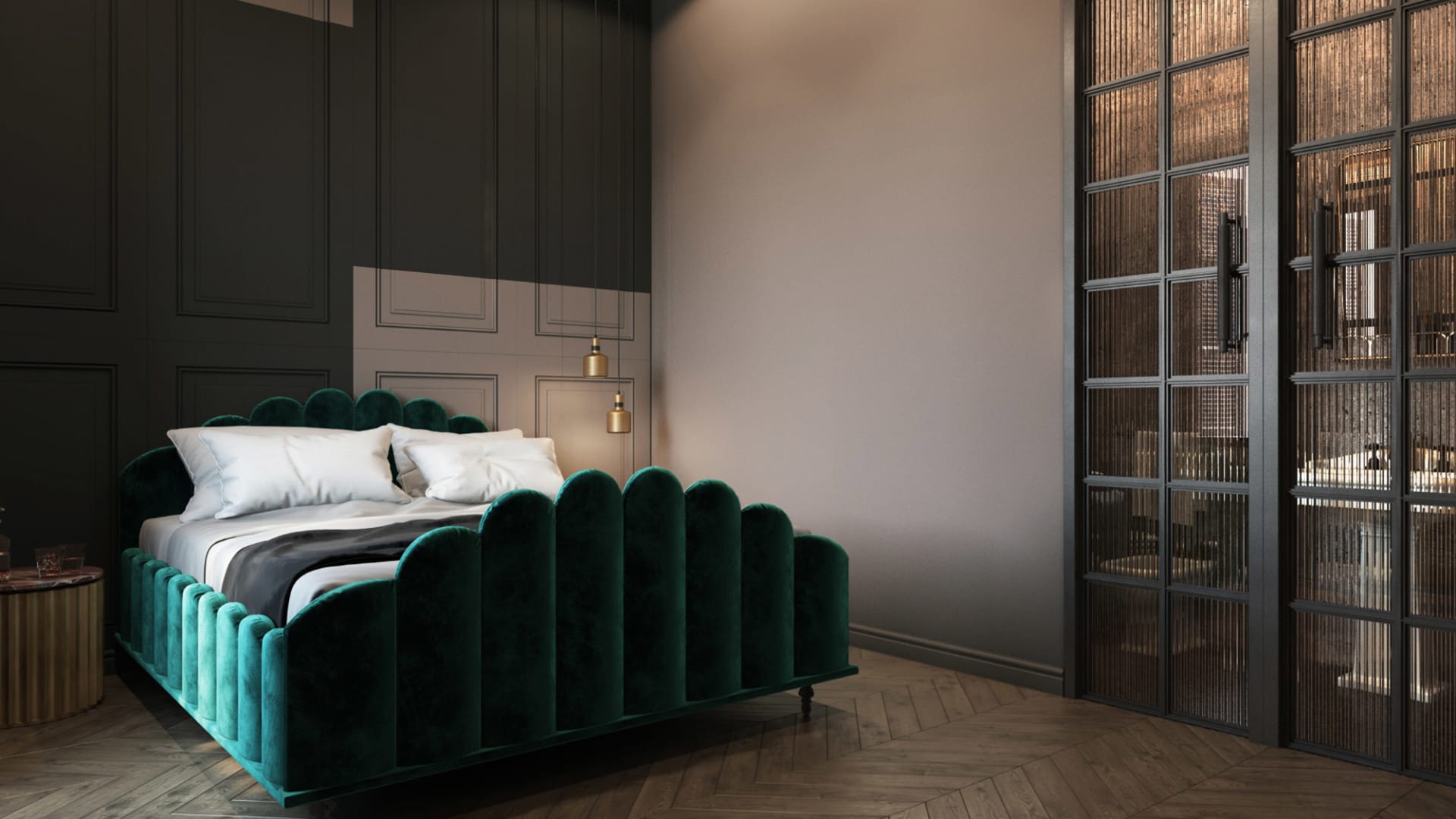 A modern bedroom featuring a striking green velvet headboard and white bedding on a wooden floor and dark walls.
