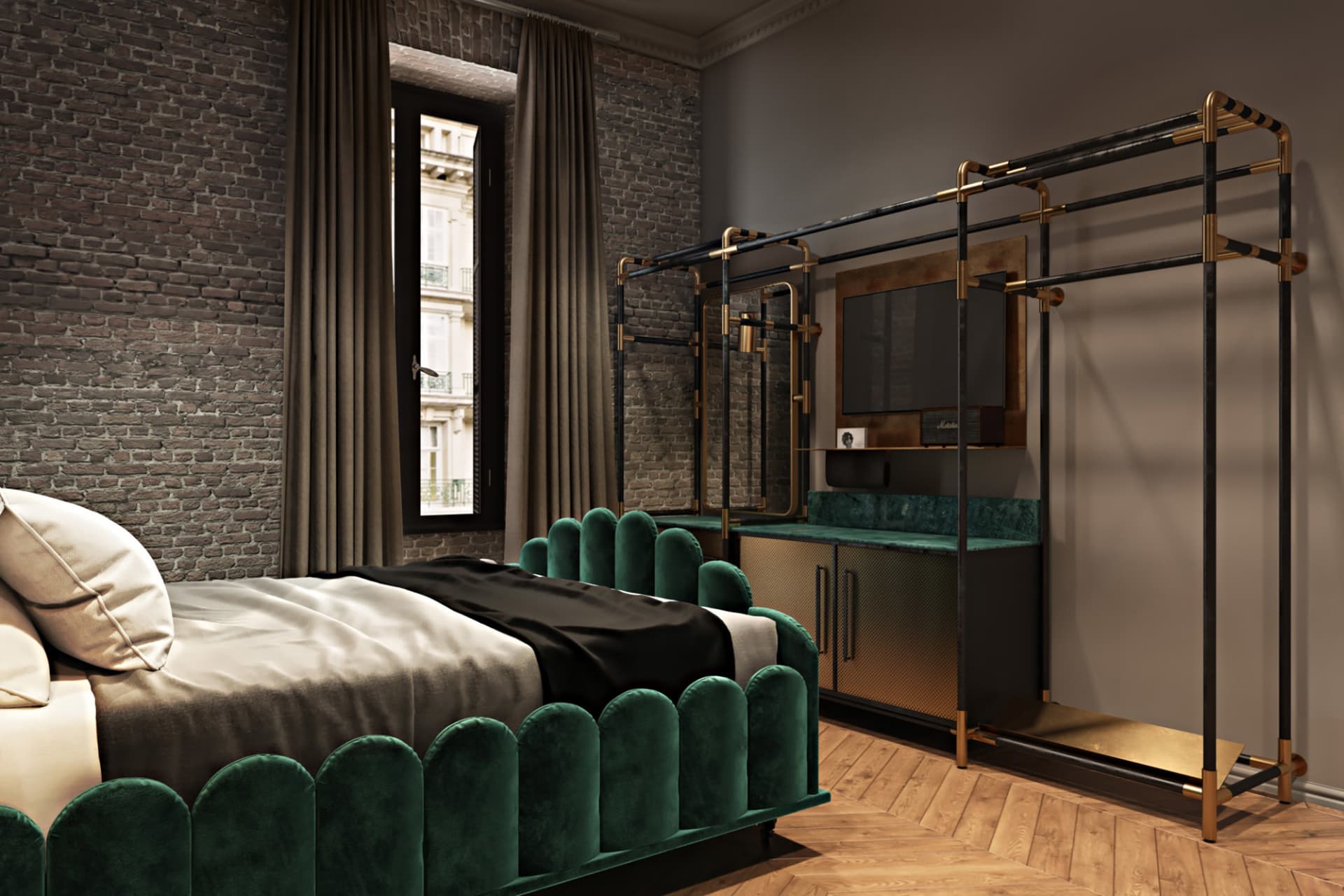A modern bedroom featuring velvet furniture, wooden flooring, and metallic accents.