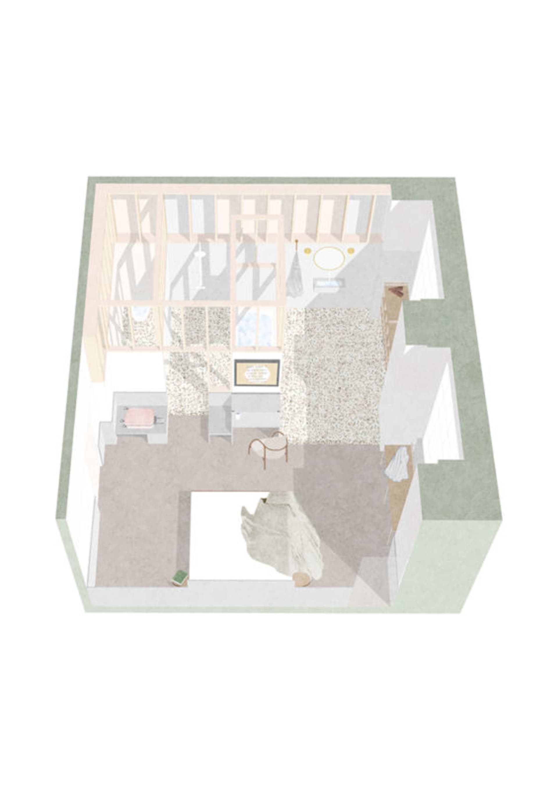 A modern living room with wooden flooring, bamboo accents, and a cozy rug. Features include a white wall, a modern sofa, and
