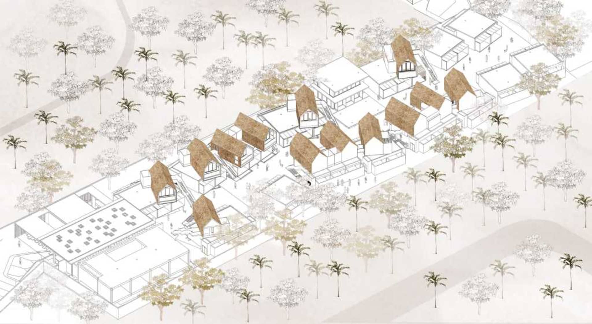 一張詳細的2D建築圖,展示帶有茅草屋頂的住宅平面配置。