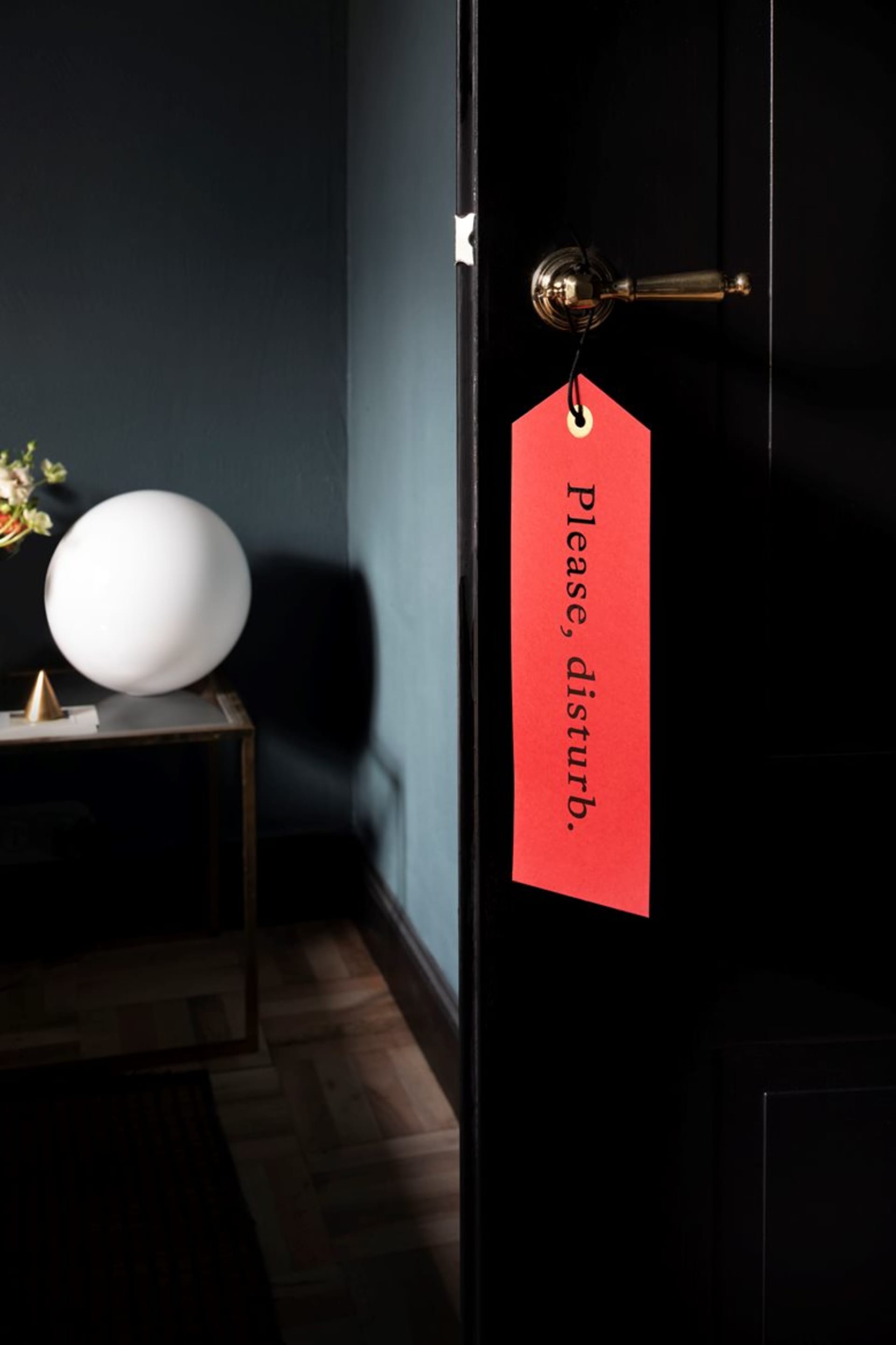 A black door with a red tag that says 'Please, disturb.' hanging on it.
