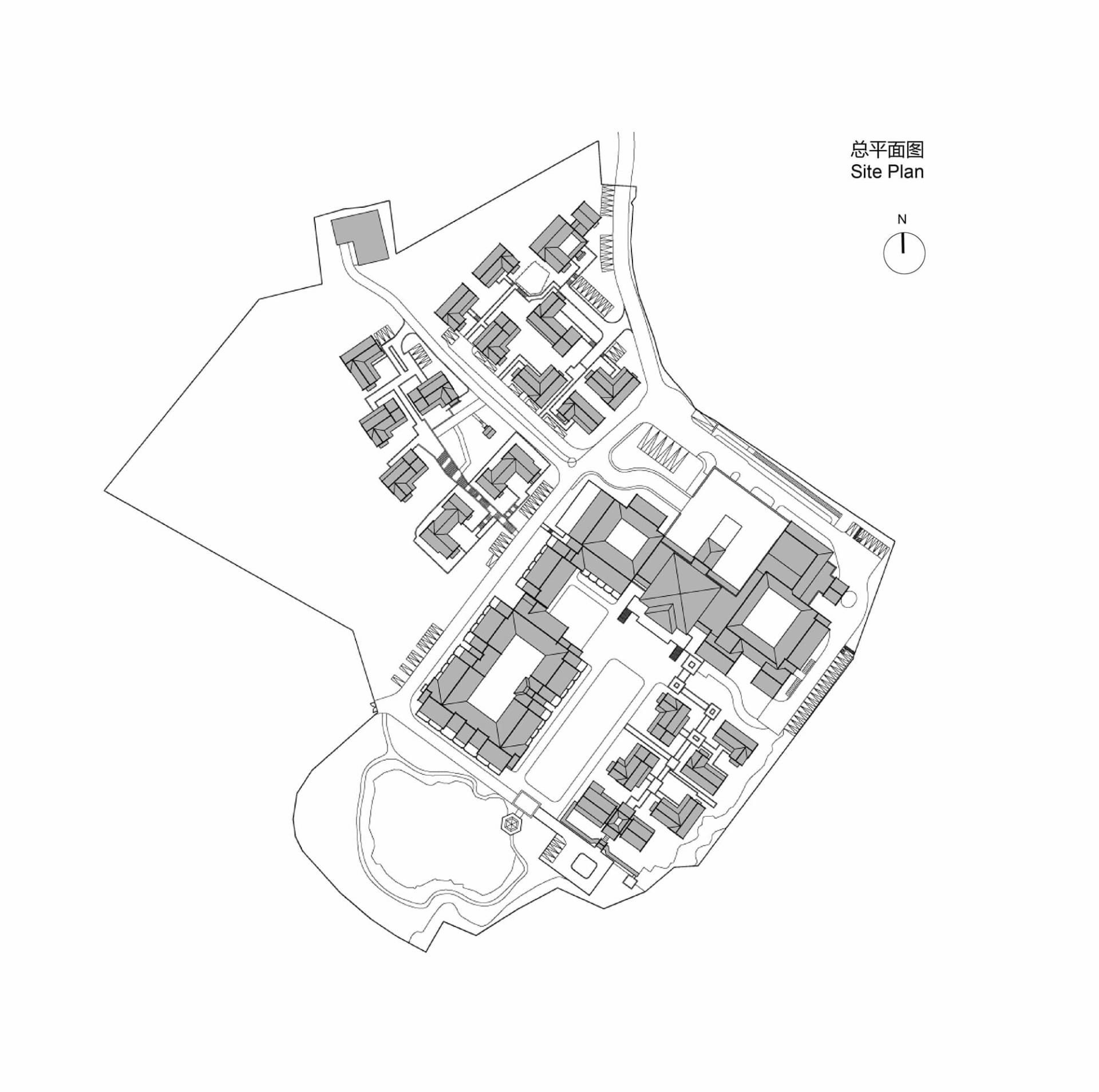 住宅區的黑白平面圖,標示建築物、街道與地標。