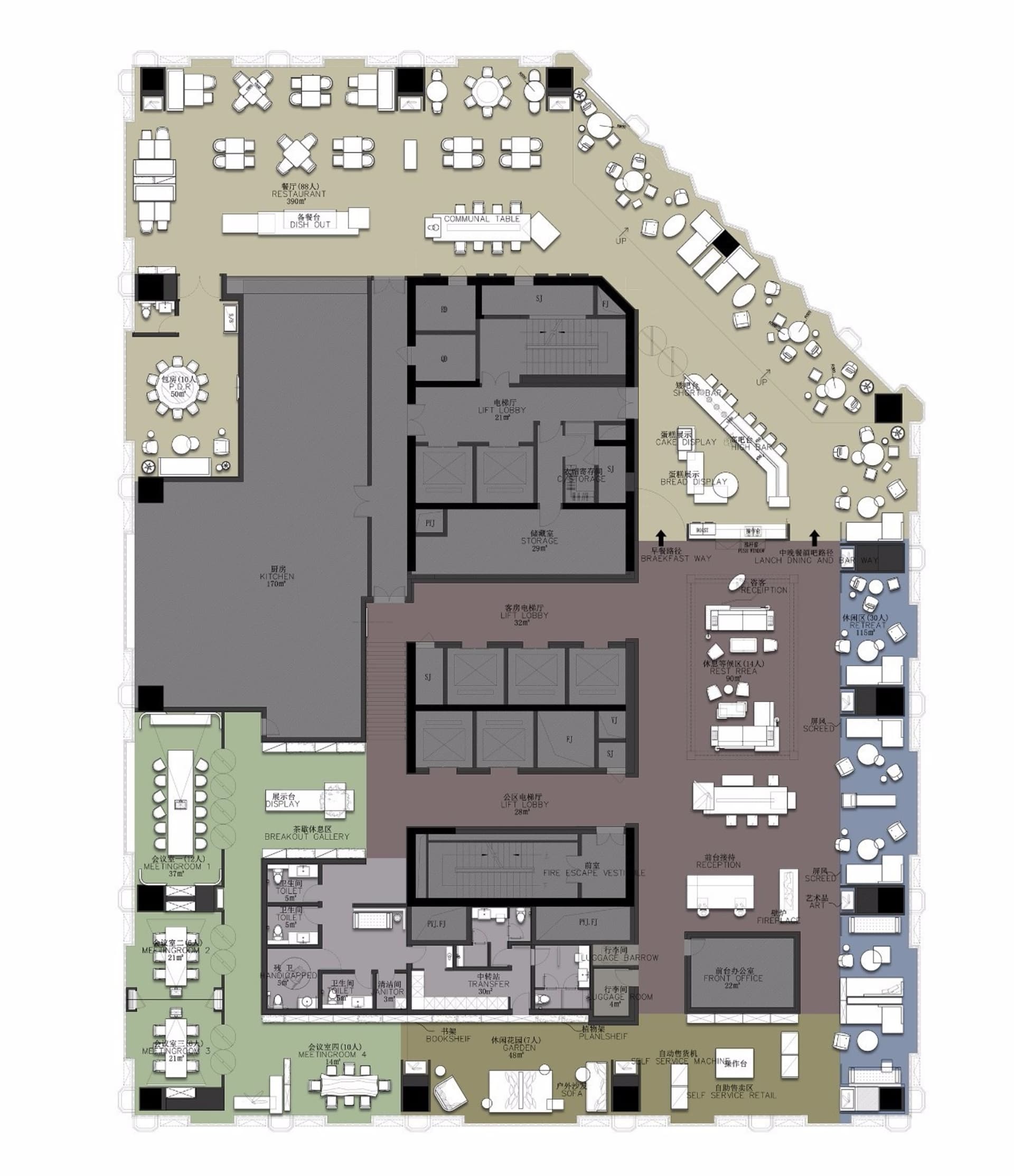 商業空間平面圖，展示各功能區域與家具配置。