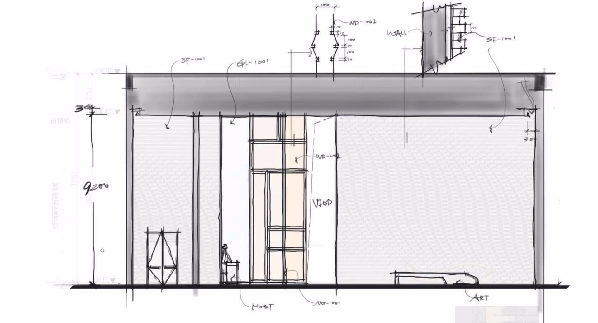 一張室內空間的技術建築圖，顯示平面配置與各項設計元素。