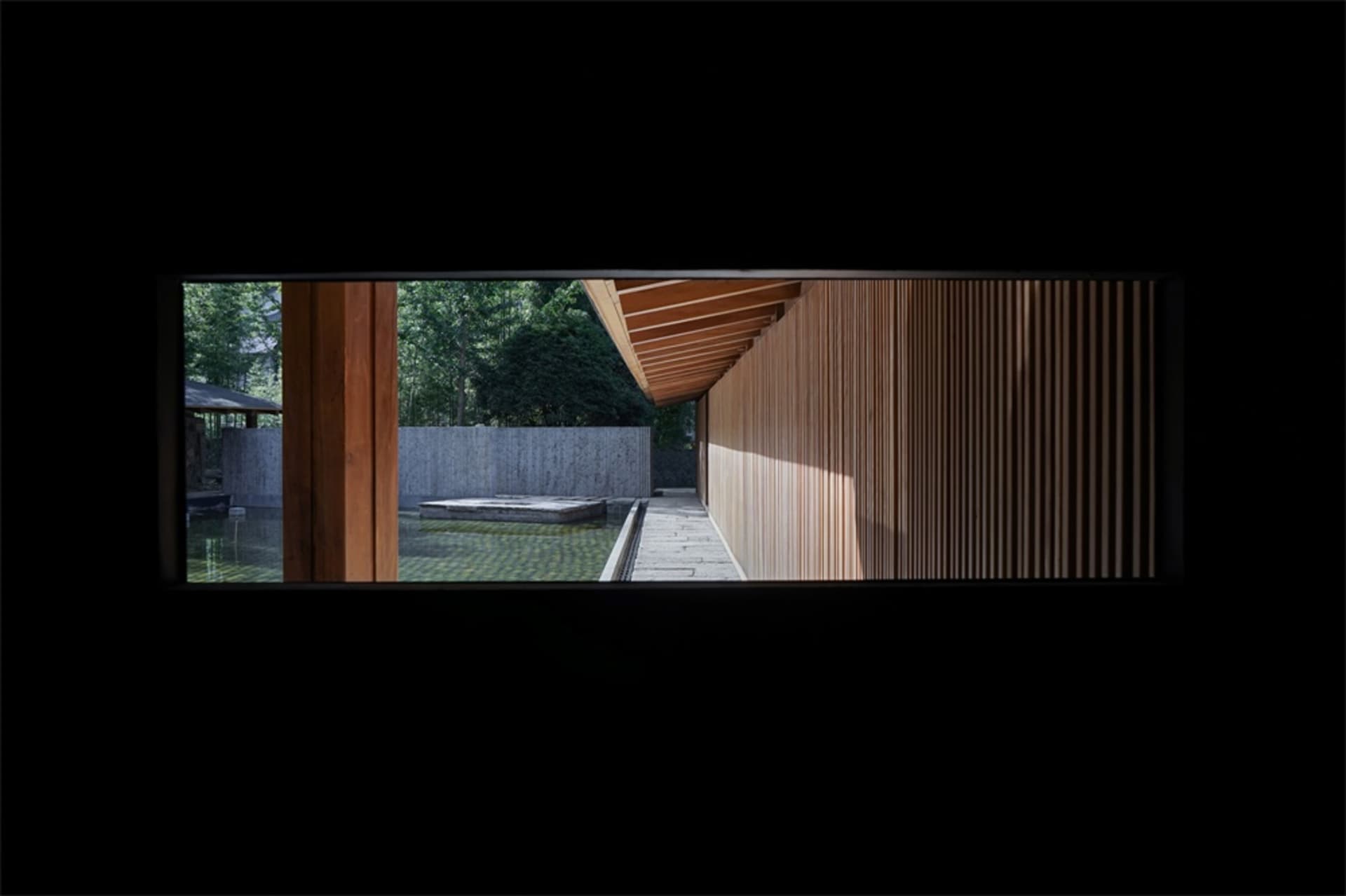 A view through a window showing a wooden wall and a concrete pool surrounded by greenery.