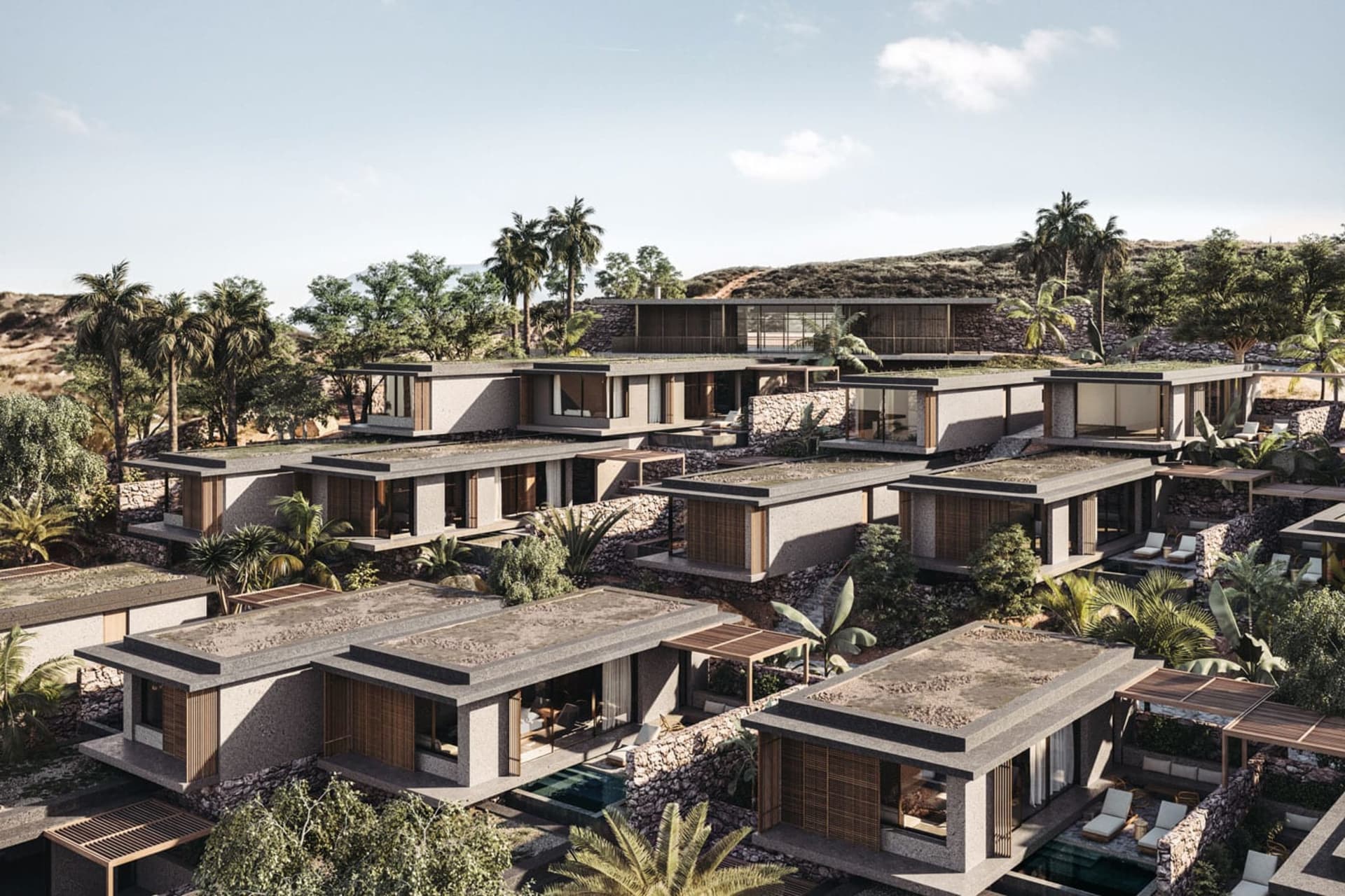 Modern residential homes featuring sleek, minimalist design with concrete and glass exteriors.