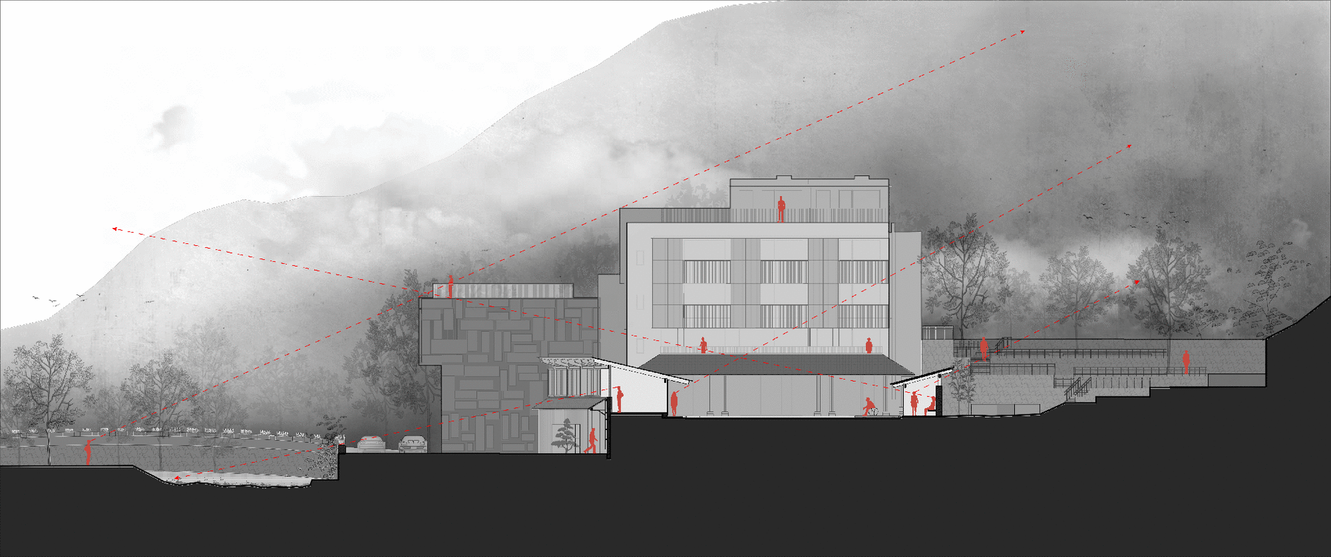 一座現代辦公大樓的建築渲染圖，採用玻璃、金屬與混凝土材質。