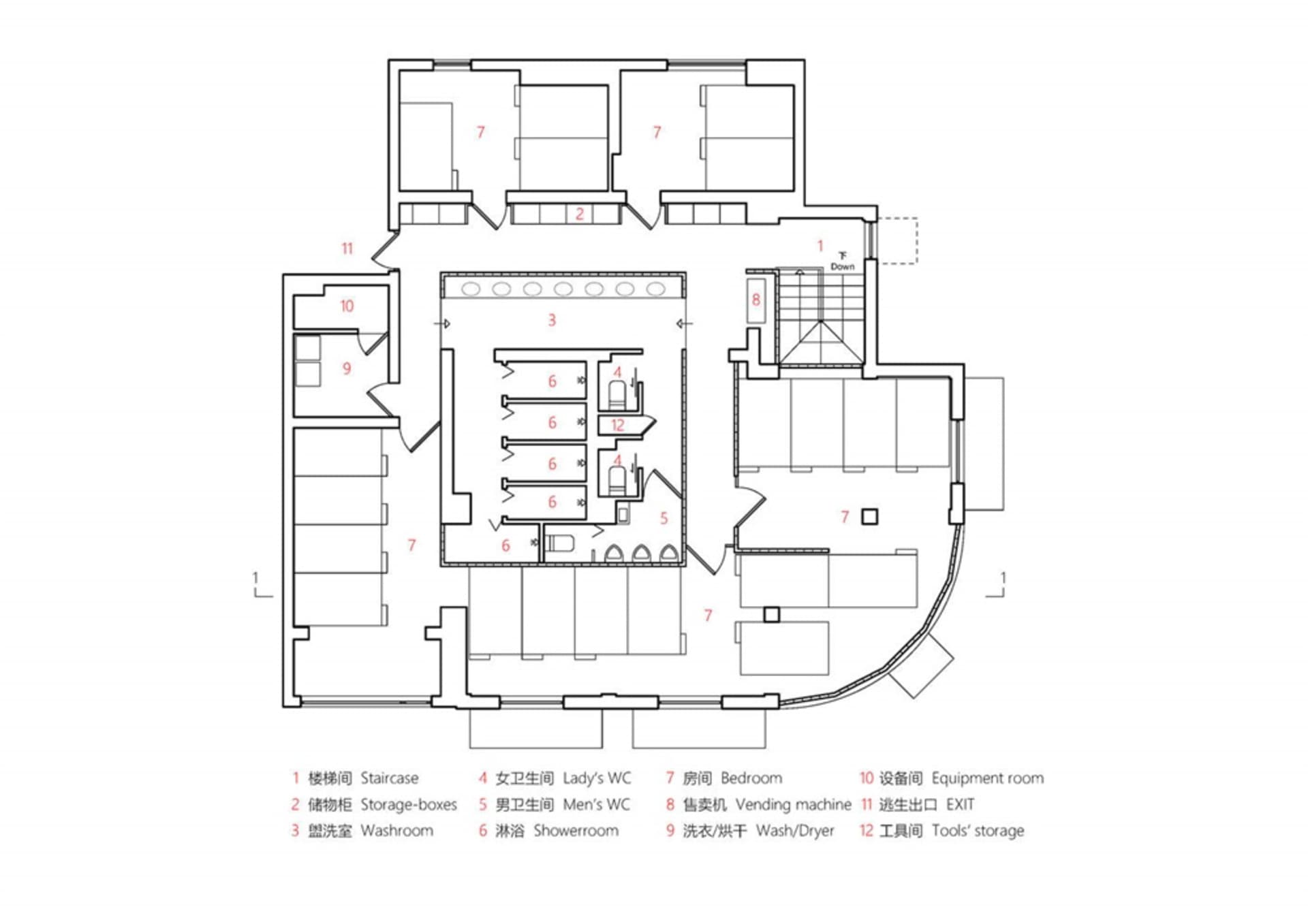 Floor plan of a residential building showing rooms, bathrooms, and common areas.