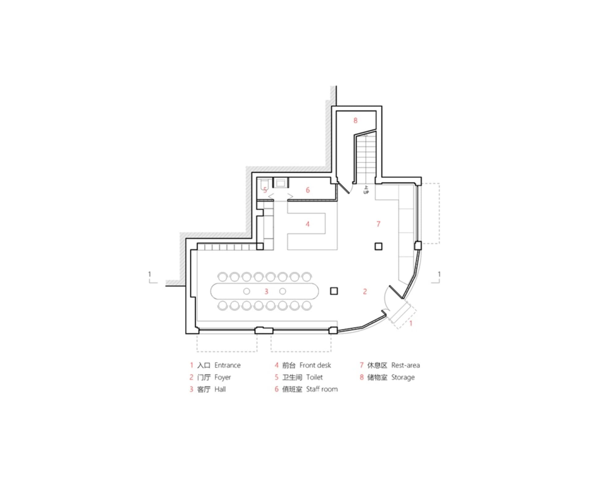 Concrete, carpet, and metal materials in a commercial conference hall layout.