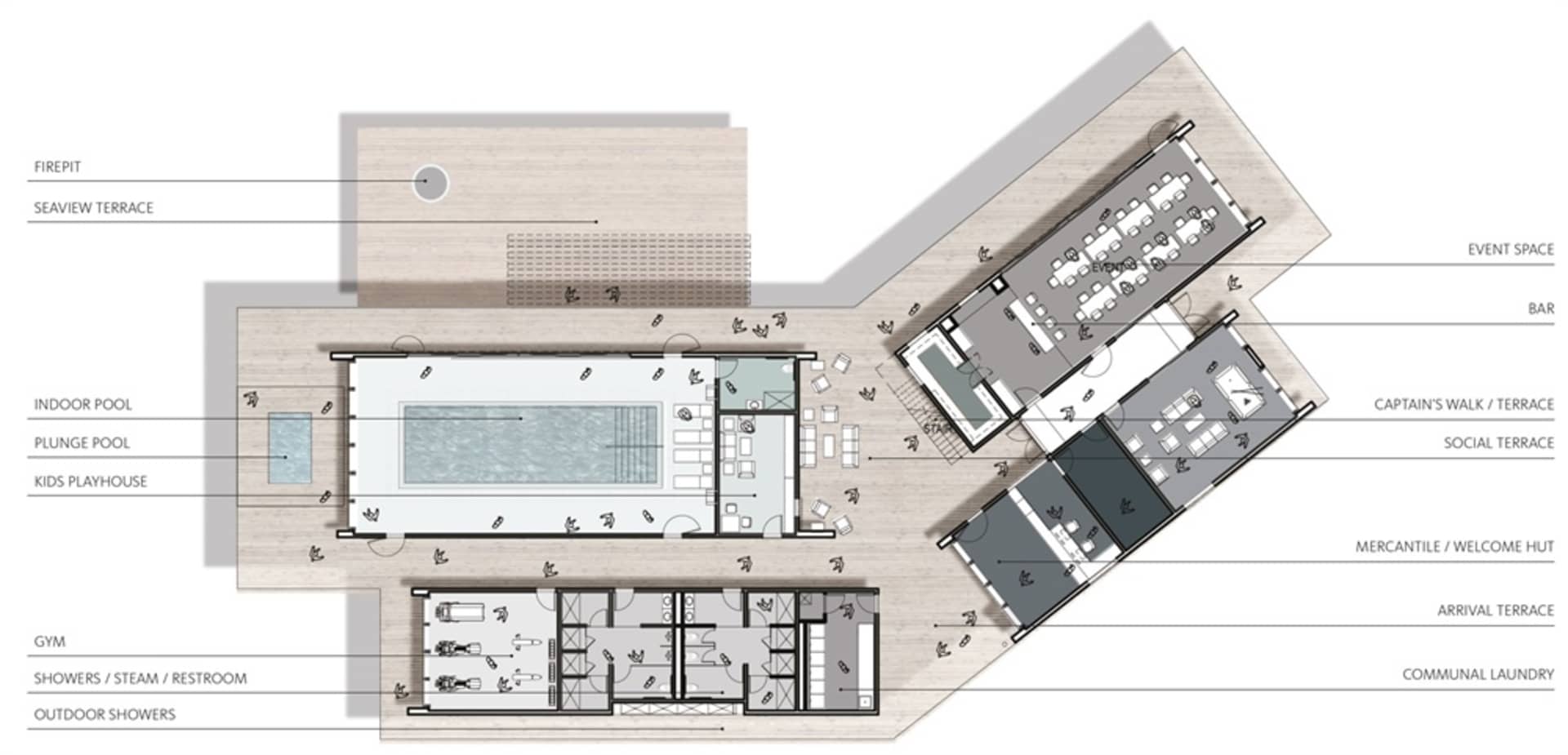 A detailed architectural floor plan of a resort with various amenities such as a sea view terrace, firepit, indoor and outdoo