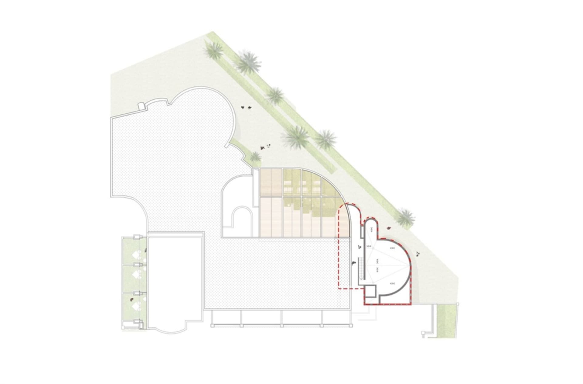 一張詳細的2D建築平面圖，顯示建築物的結構元素、房間與整體配置。