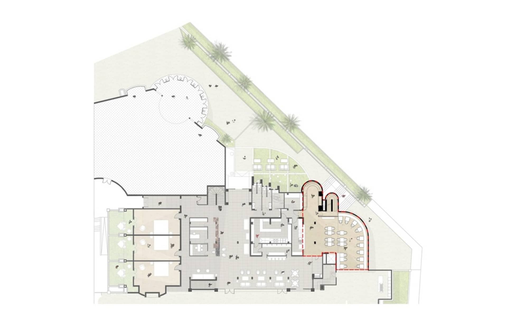 現代辦公室空間平面圖，展示多個房間與座位配置。