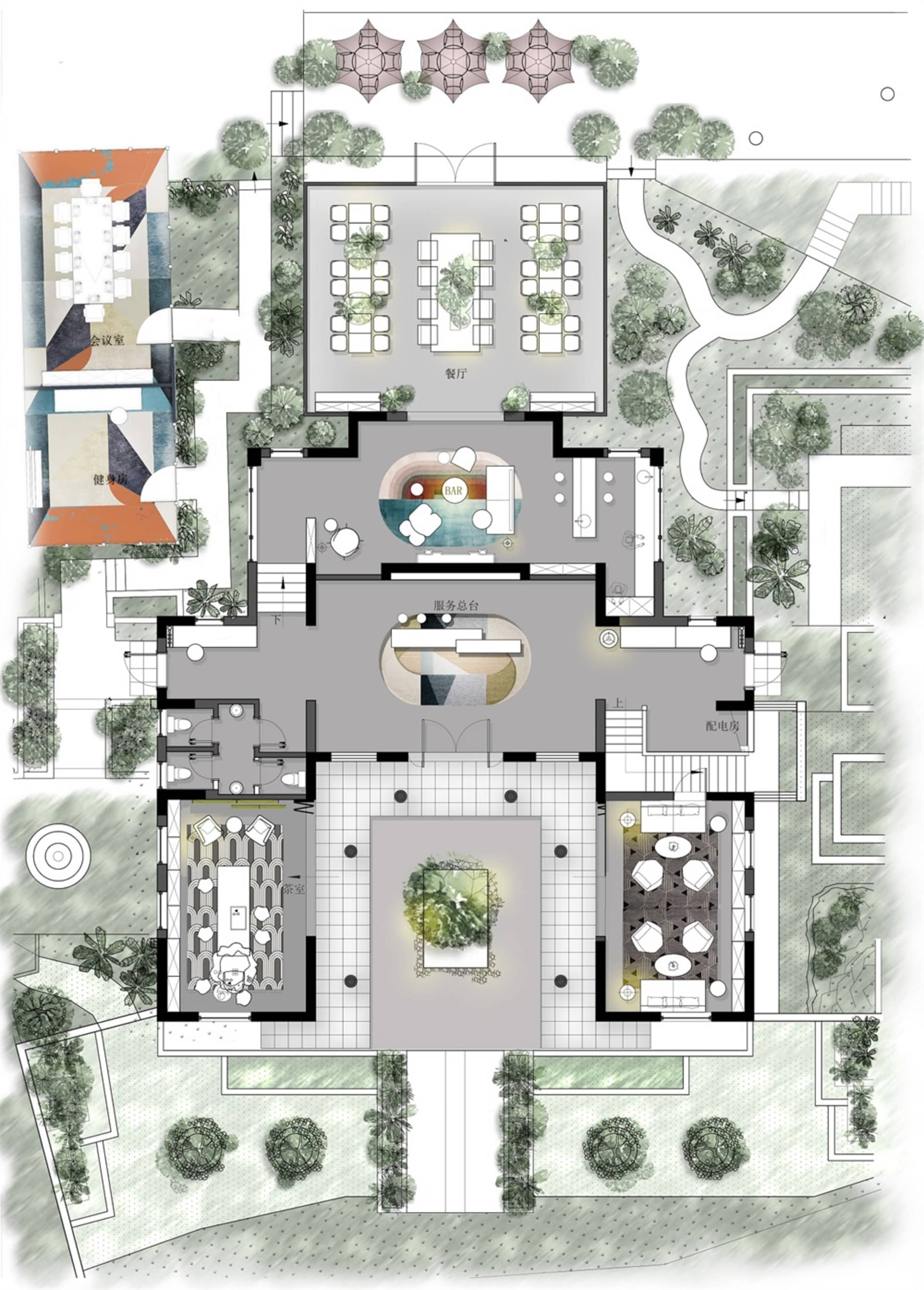Floor plan of a modern building with glass windows and concrete walls