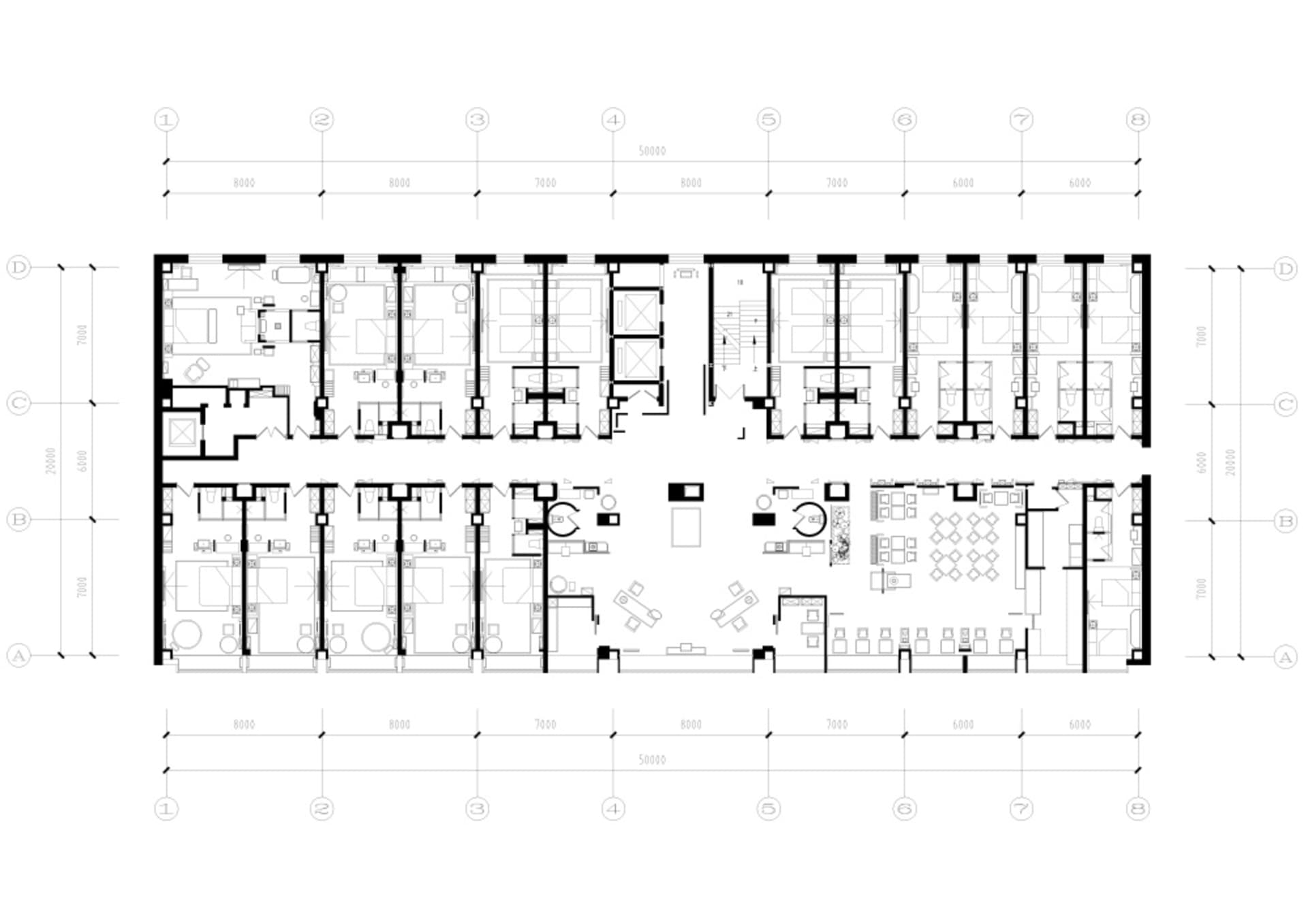 辦公室佈局的詳細建築圖,顯示房間與走廊。