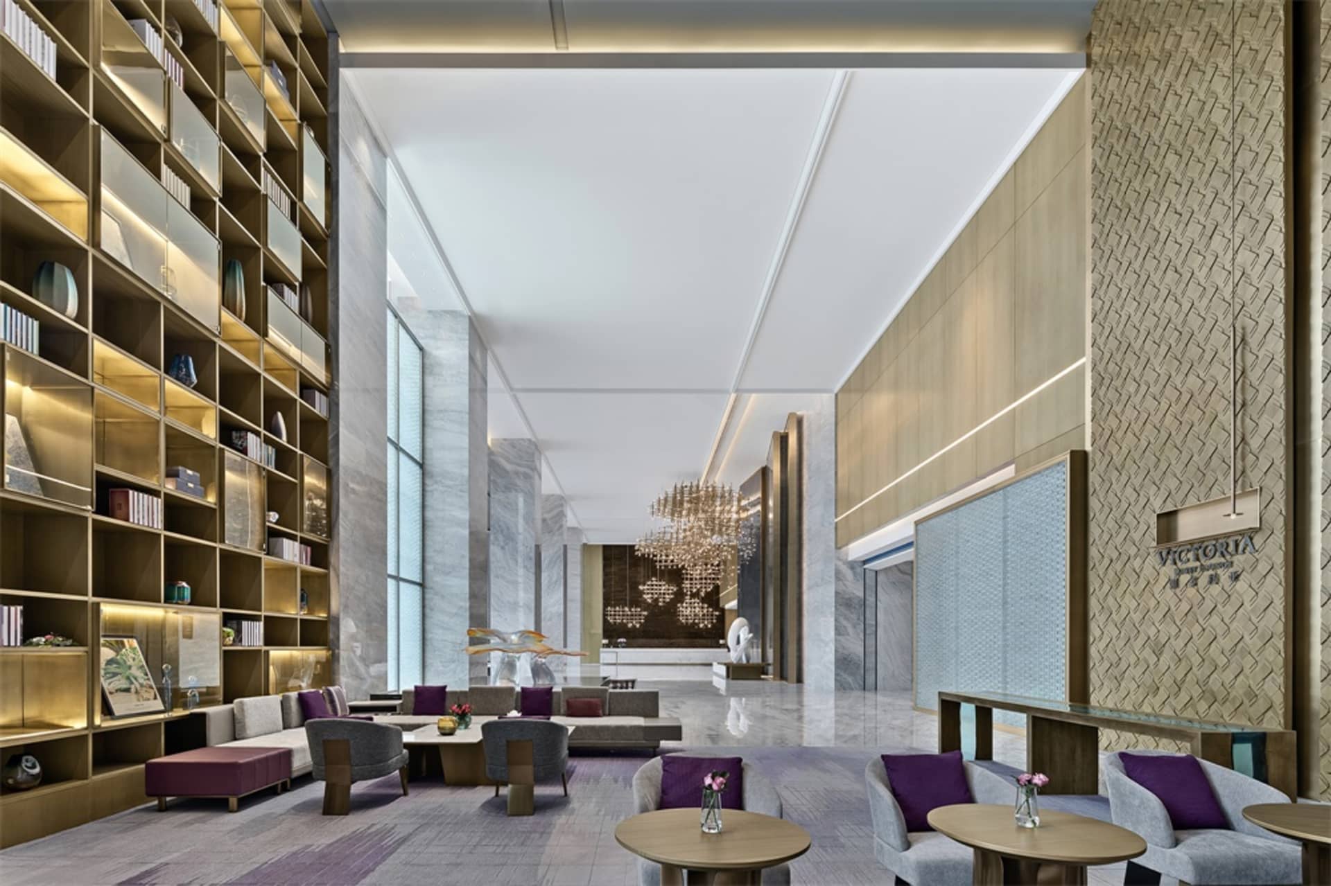 Modern lobby interior design featuring marble, concrete, and glass materials.