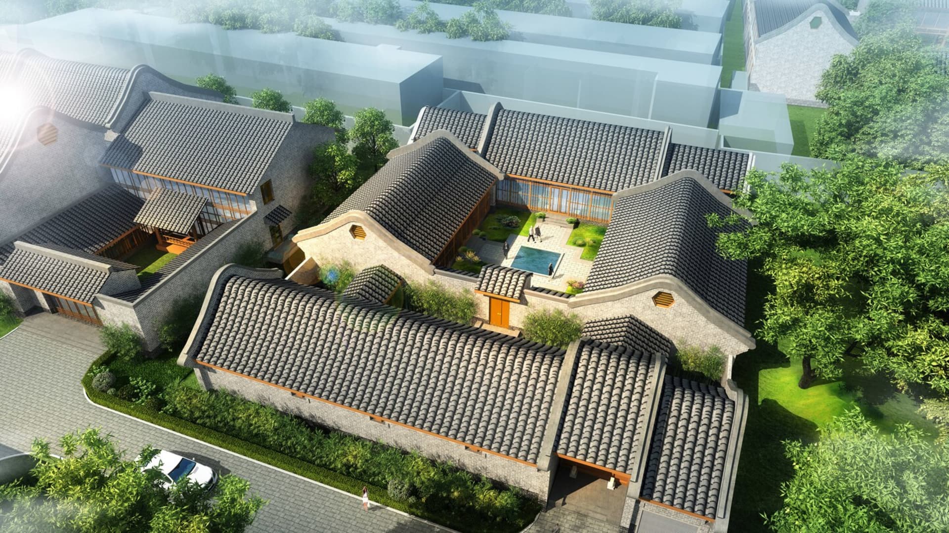 傳統庭院住宅，擁有磚牆與瓦片屋頂。