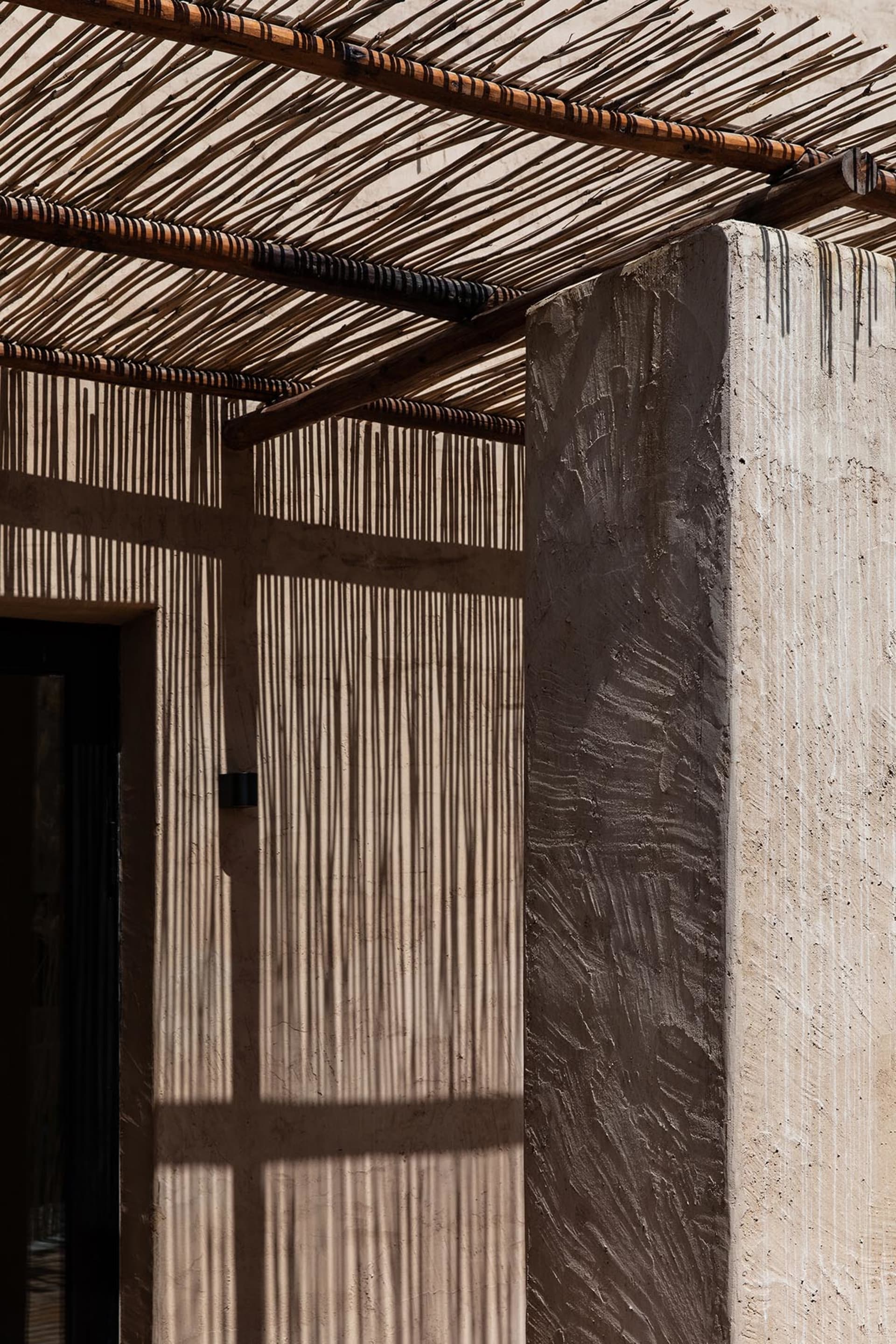 Concrete columns casting shadows on a wall, with a grass and wood roof structure.
