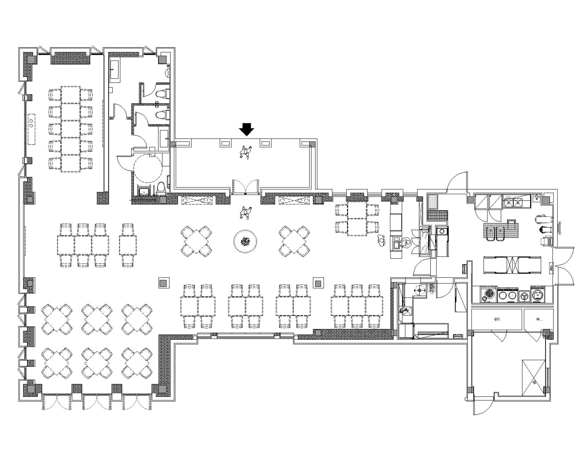 現代自助餐廳的平面圖,搭配當代家具與座位安排。