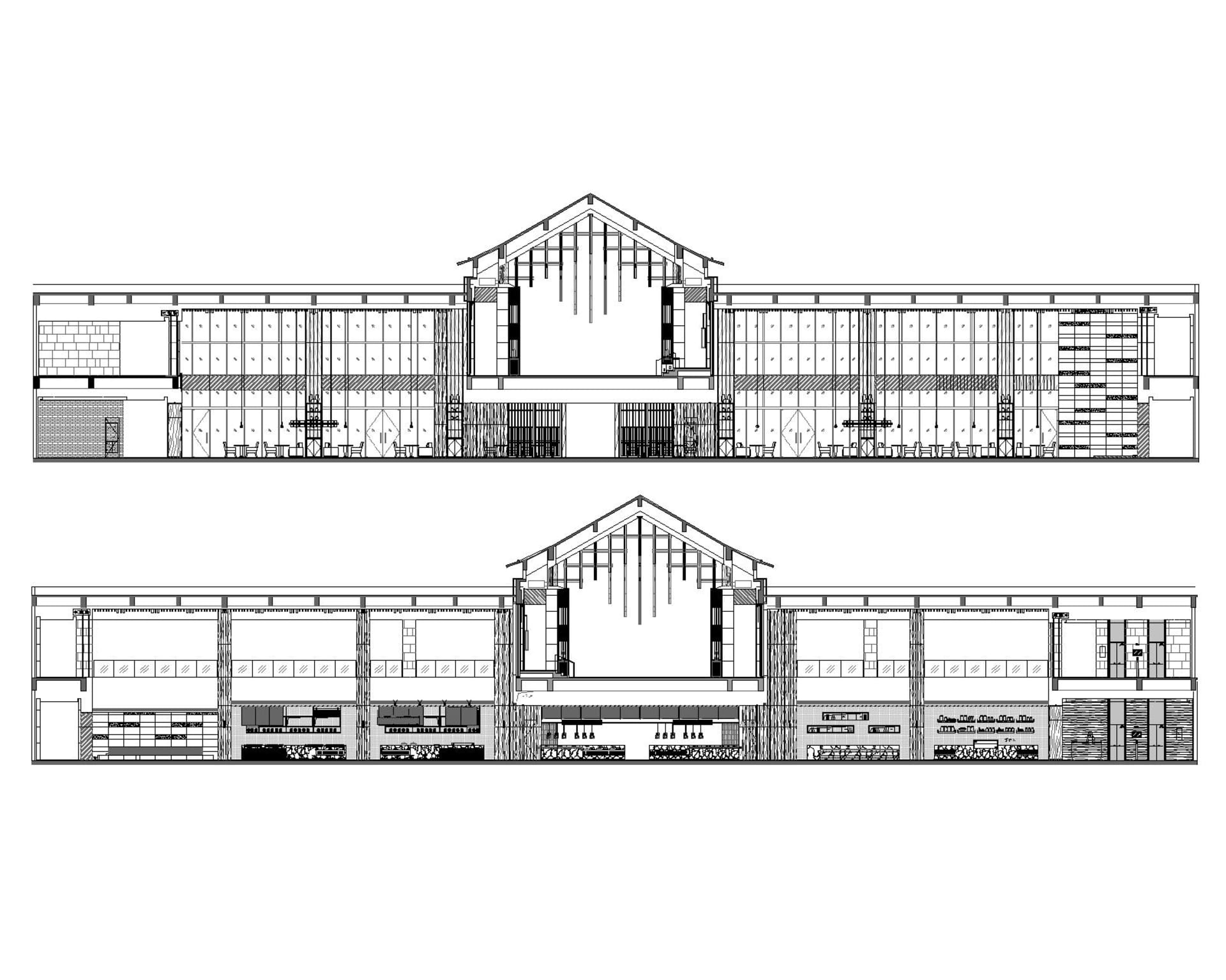 現代建築平面圖，展現寬敞玻璃立面與開放空間。
