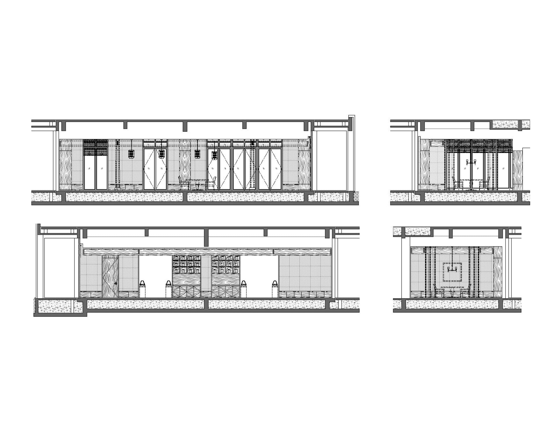 現代辦公室室內的2D建築圖，牆面與天花板皆為木質嵌板。