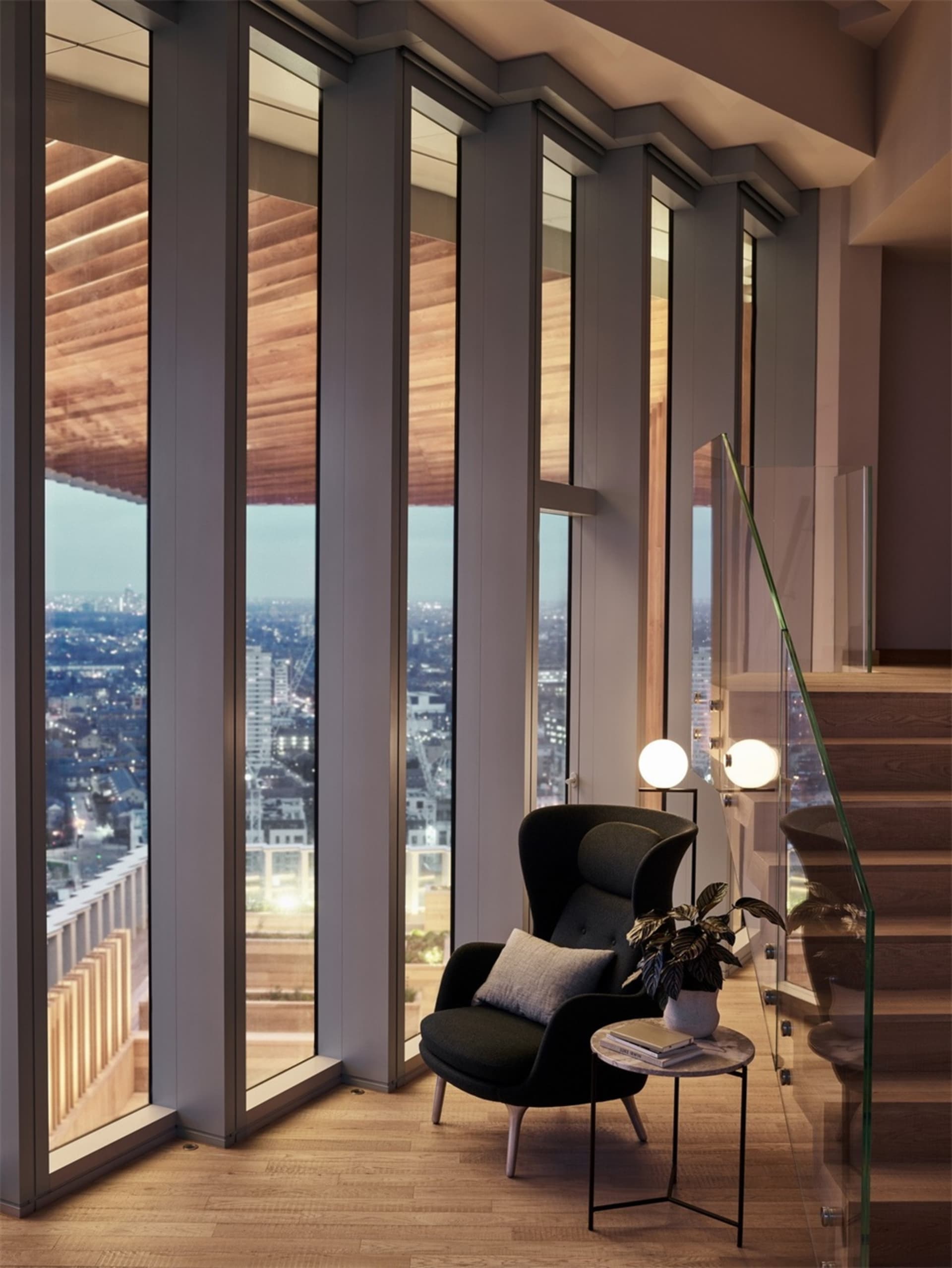 Industrial-style living room featuring a glass staircase and floor-to-ceiling windows.