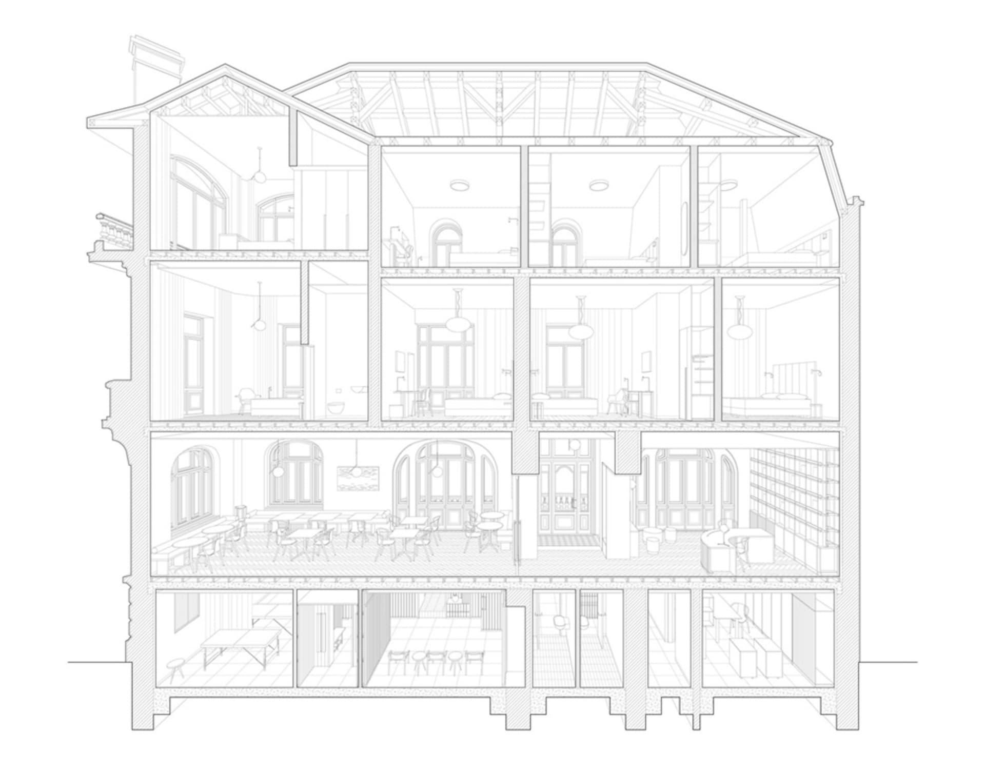 2D architectural drawing of a modern Waldorf school interior with features such as wood, glass, and metal.