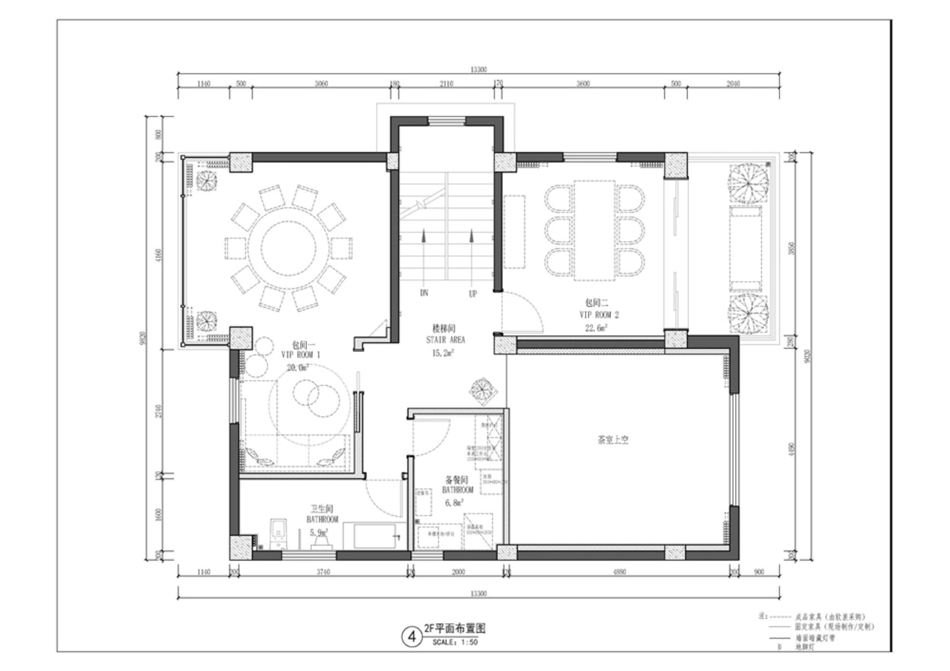 A 2D architectural drawing of a modern living room layout with a staircase, dining area, VIP rooms, bathroom, and tea room.