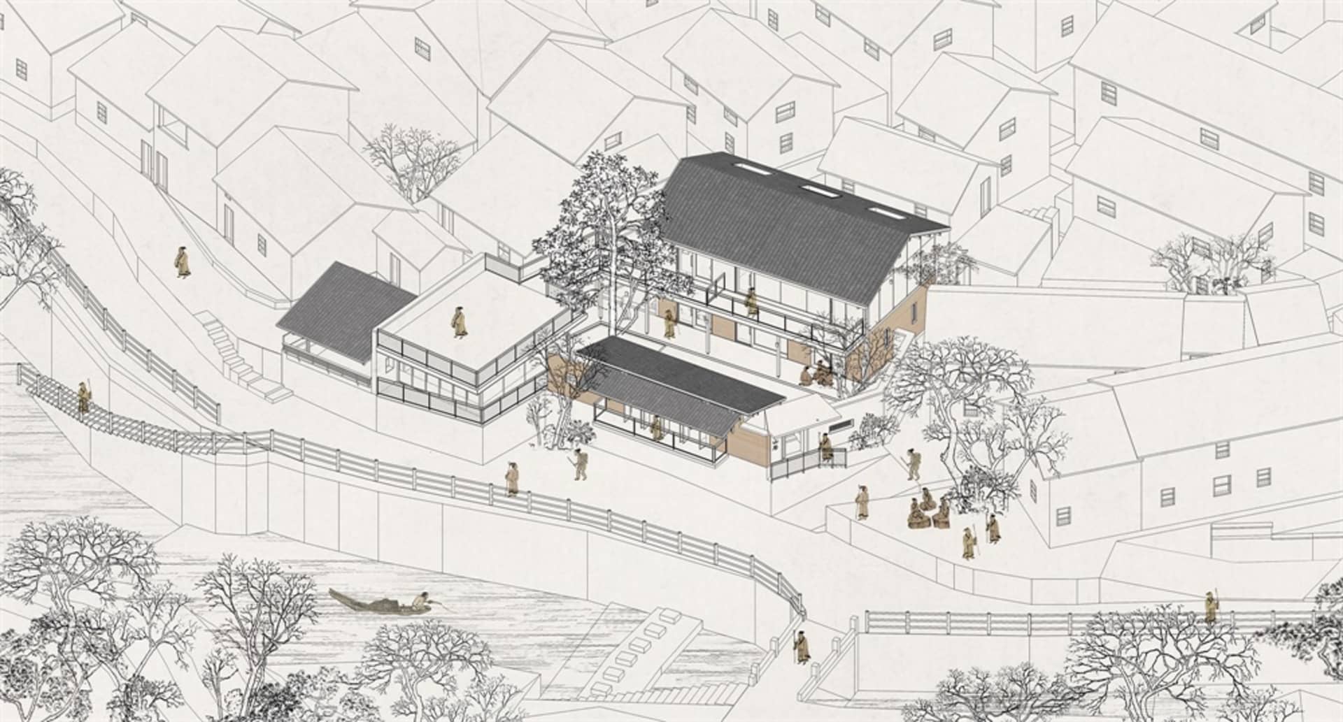 Modern residential floor plan depicting a house with various rooms and outdoor spaces.