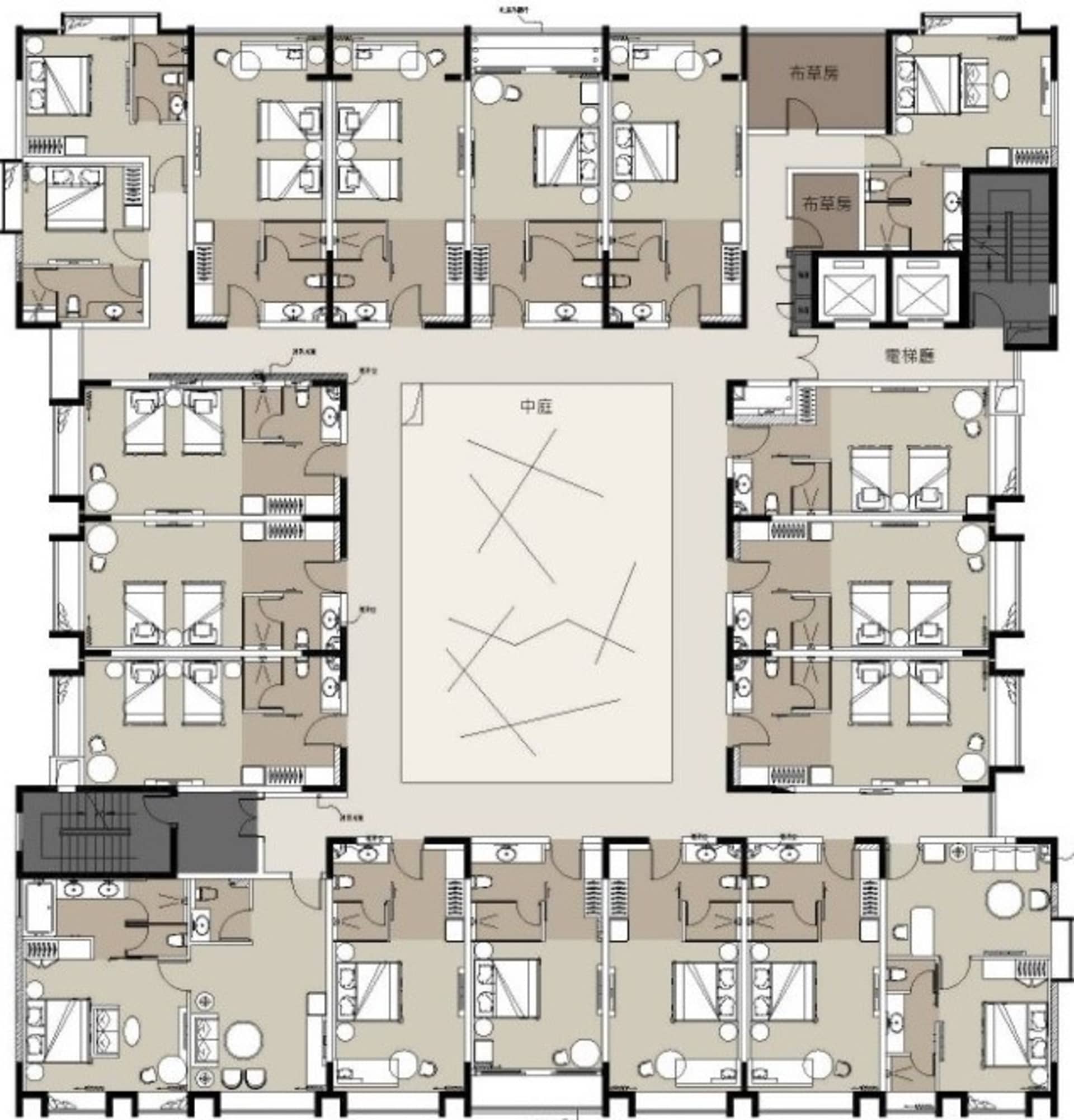 A modern hotel floor plan with white background showing multiple rooms and amenities.