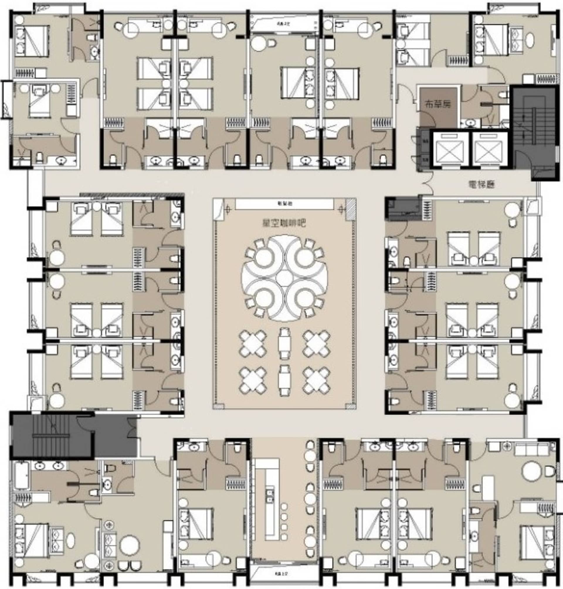 Floor plan layout of a hotel room showcasing various room features including sheets rock flooring cement lining.