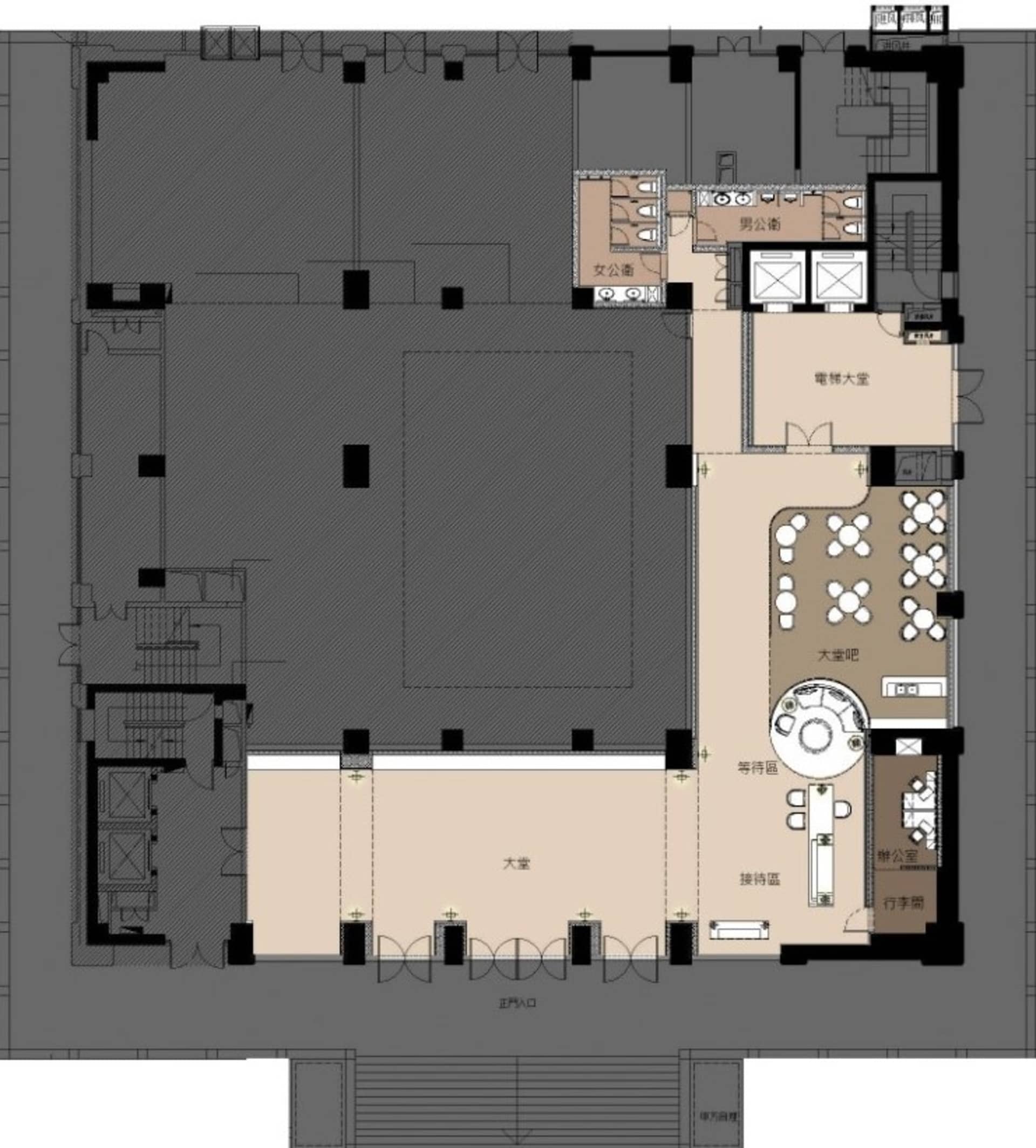 現代辦公空間平面圖，展示接待區、會議室及辦公空間。