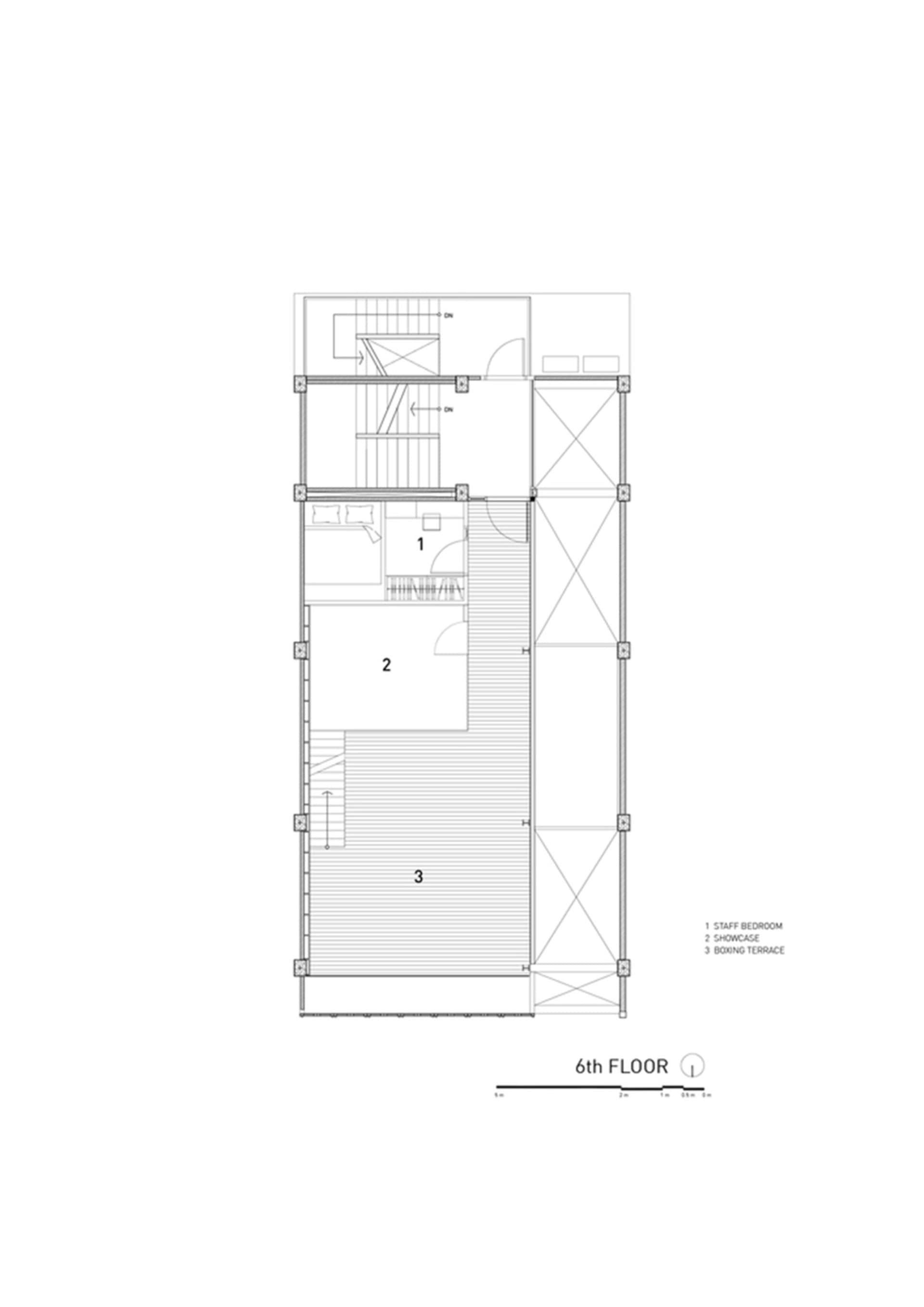 Floor plan of the 6th level of a building showing the layout of the staff bedroom, showcase, and boxing terrace.