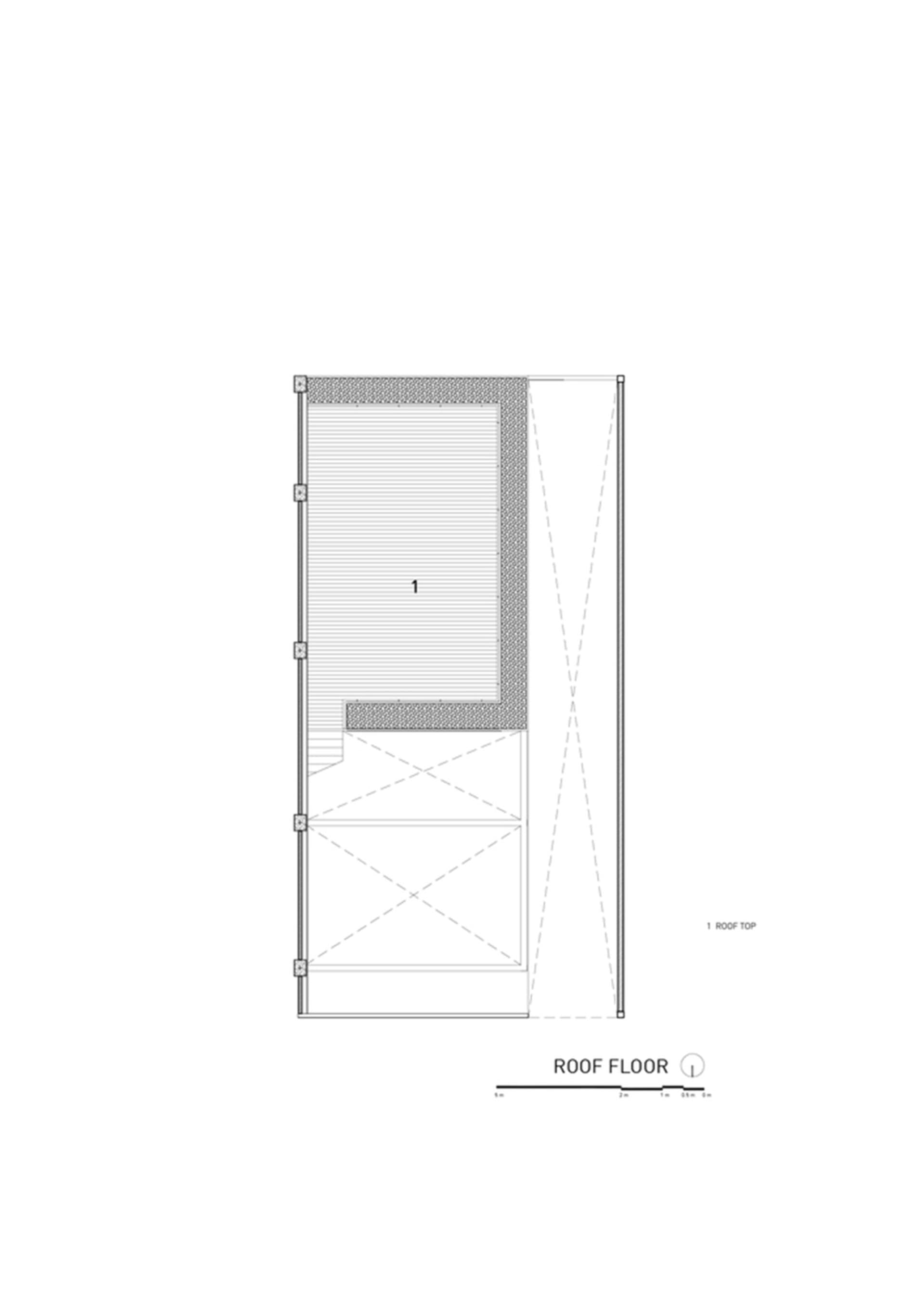 Linear diagram of a roof floor plan with a rectangular rooftop and a cross-section view showing dimensions and layout.