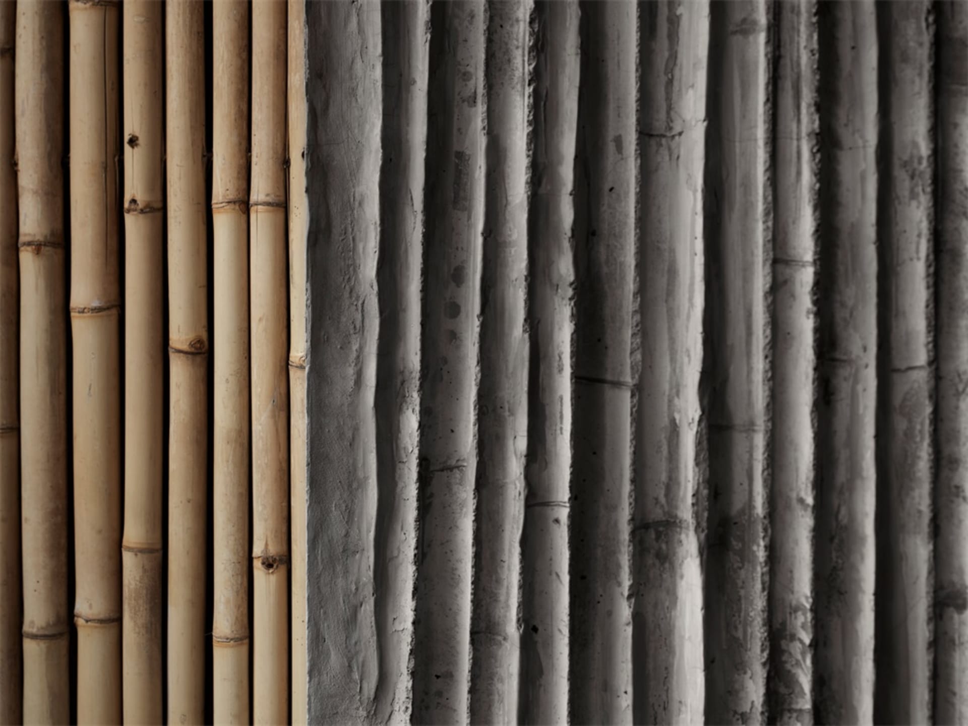 Bamboo poles arranged in lines against a textured wall.
