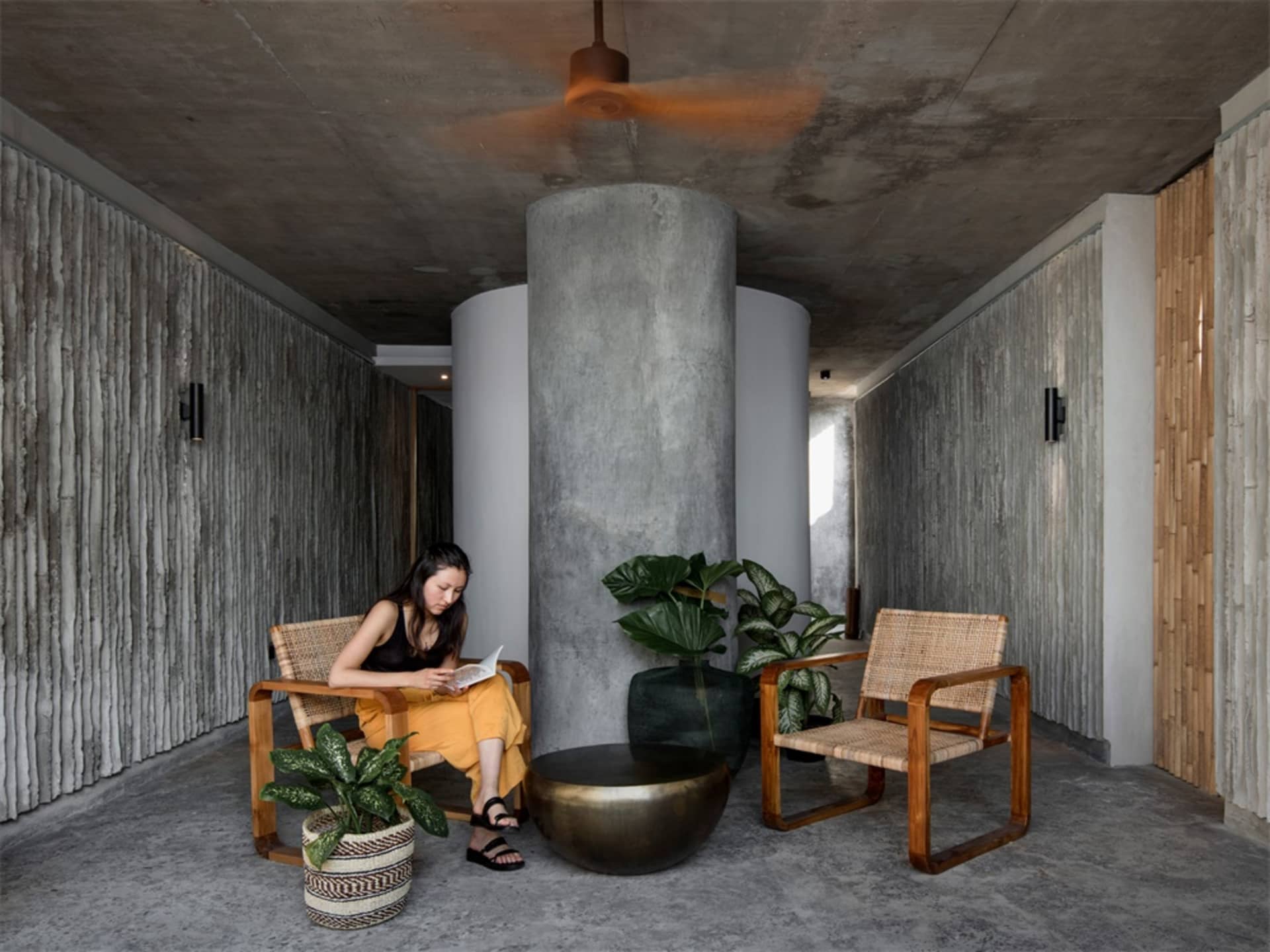 A person sitting in a cozy concrete living space, surrounded by plants and wooden furniture.