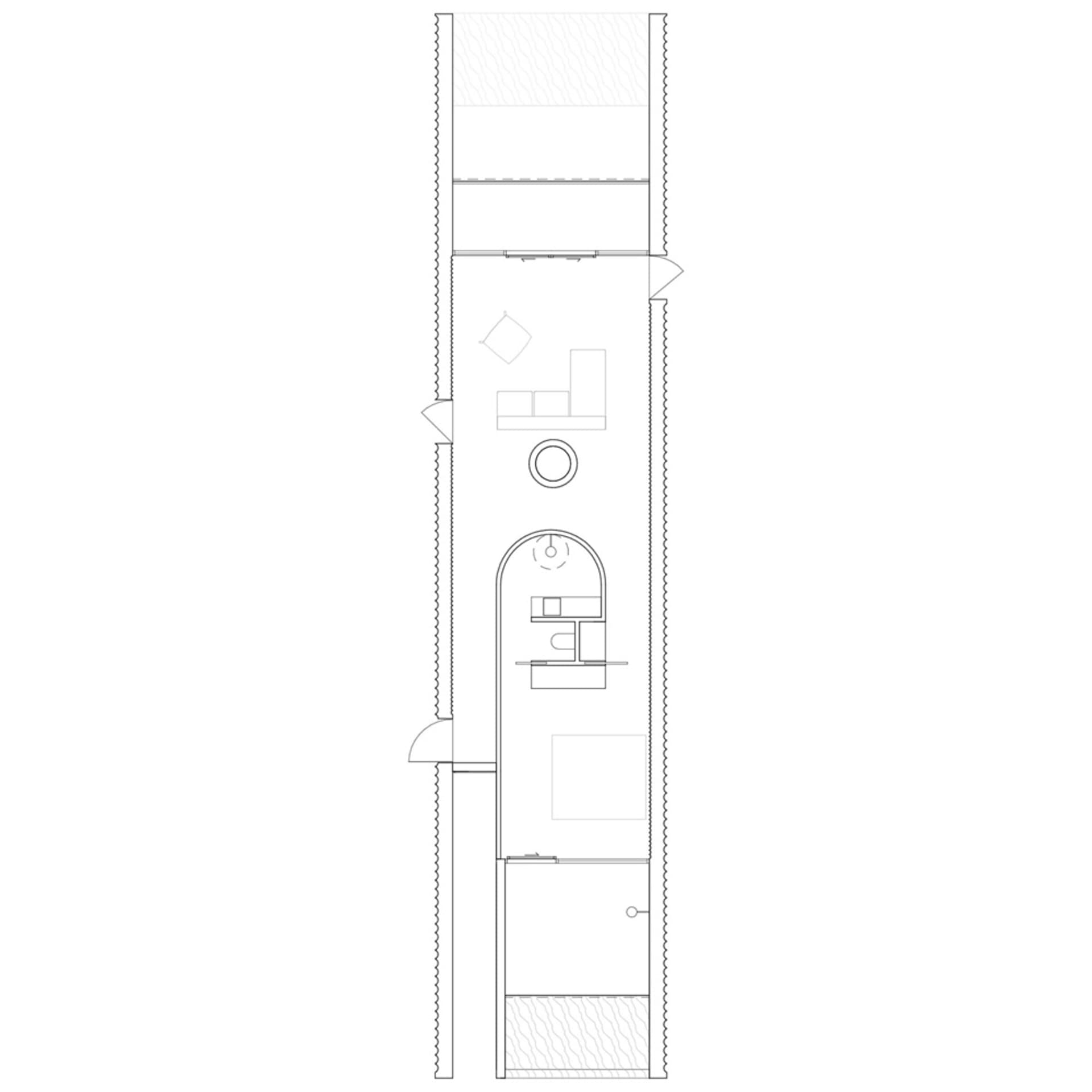 Floor plan of a modern living space with wooden elements.