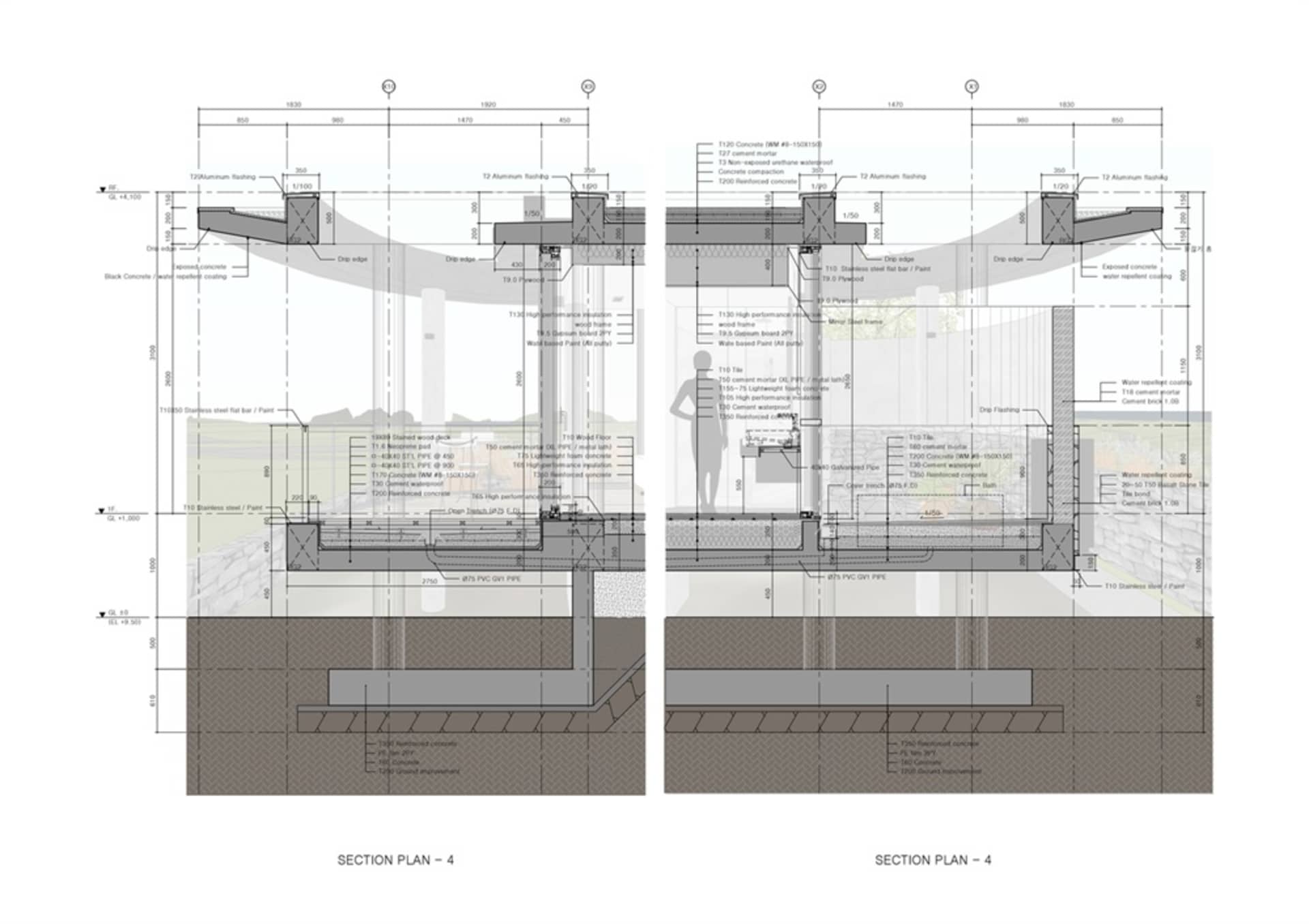 Sectional drawing of a building structure showing materials and dimensions