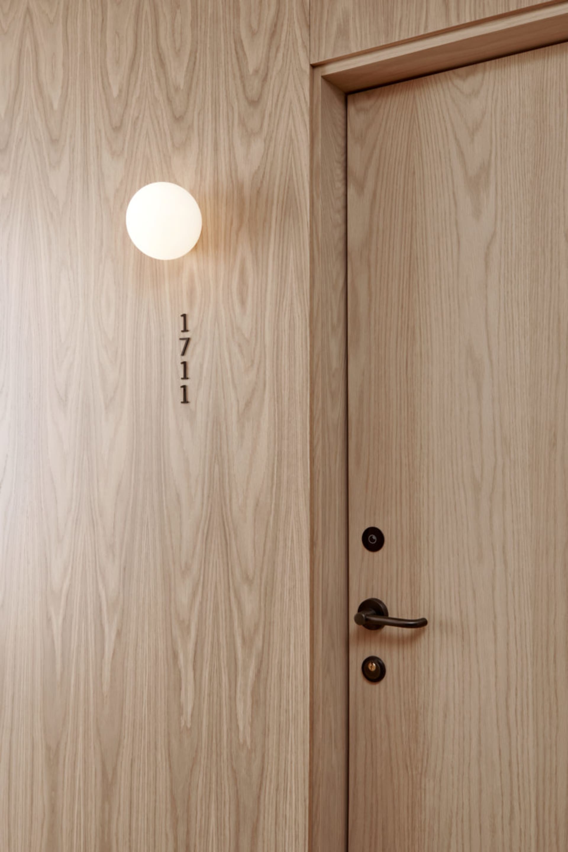 A modern door handle mounted on a wooden wall.