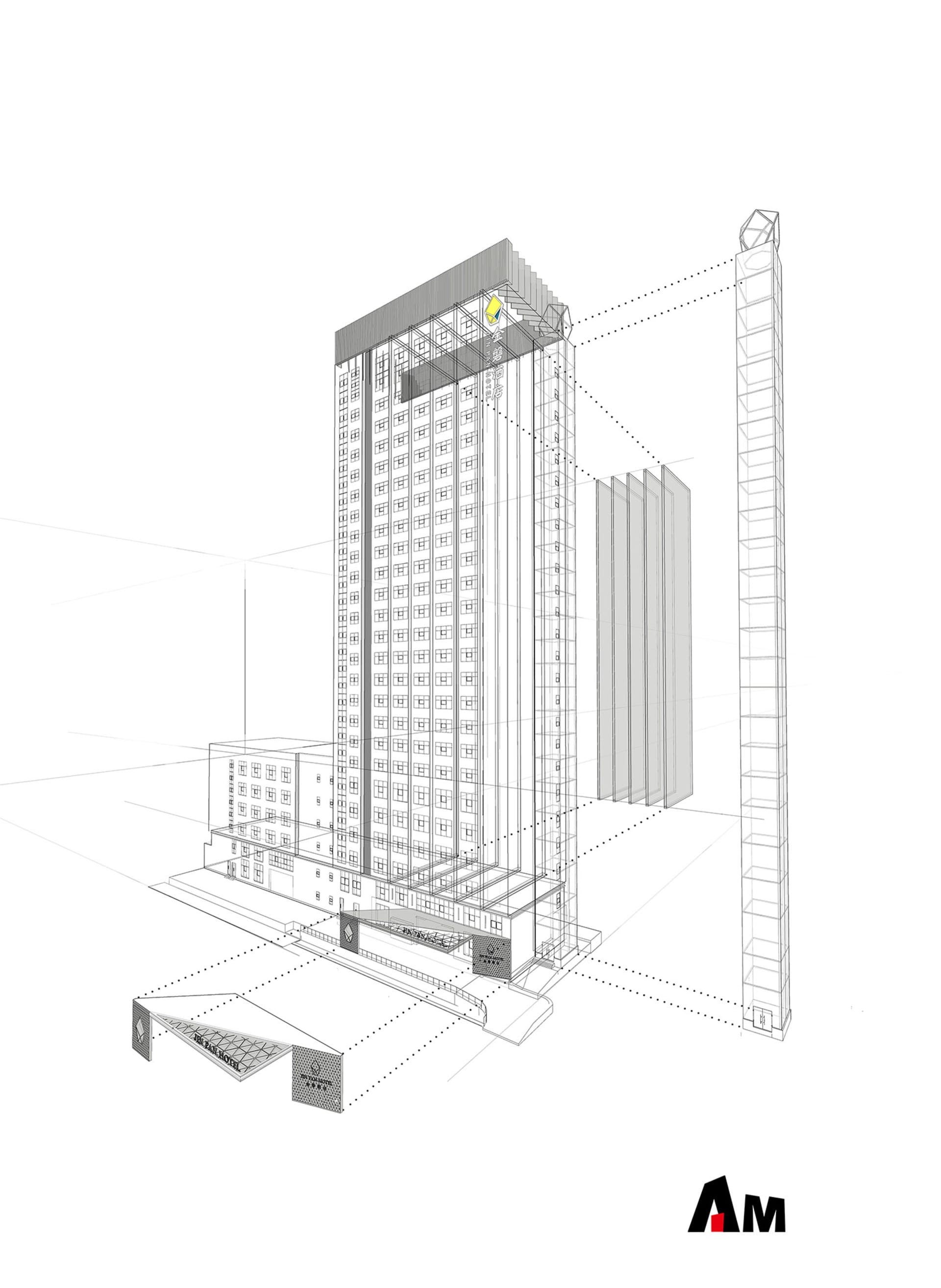 飯店建築的3D渲染圖，外觀採用玻璃材質。
