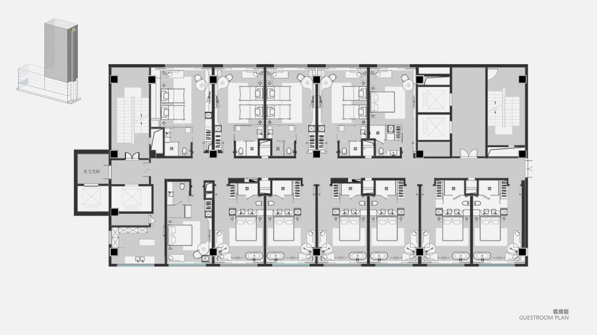 Floor plan of an apartment hotel showing guestrooms and common areas.
