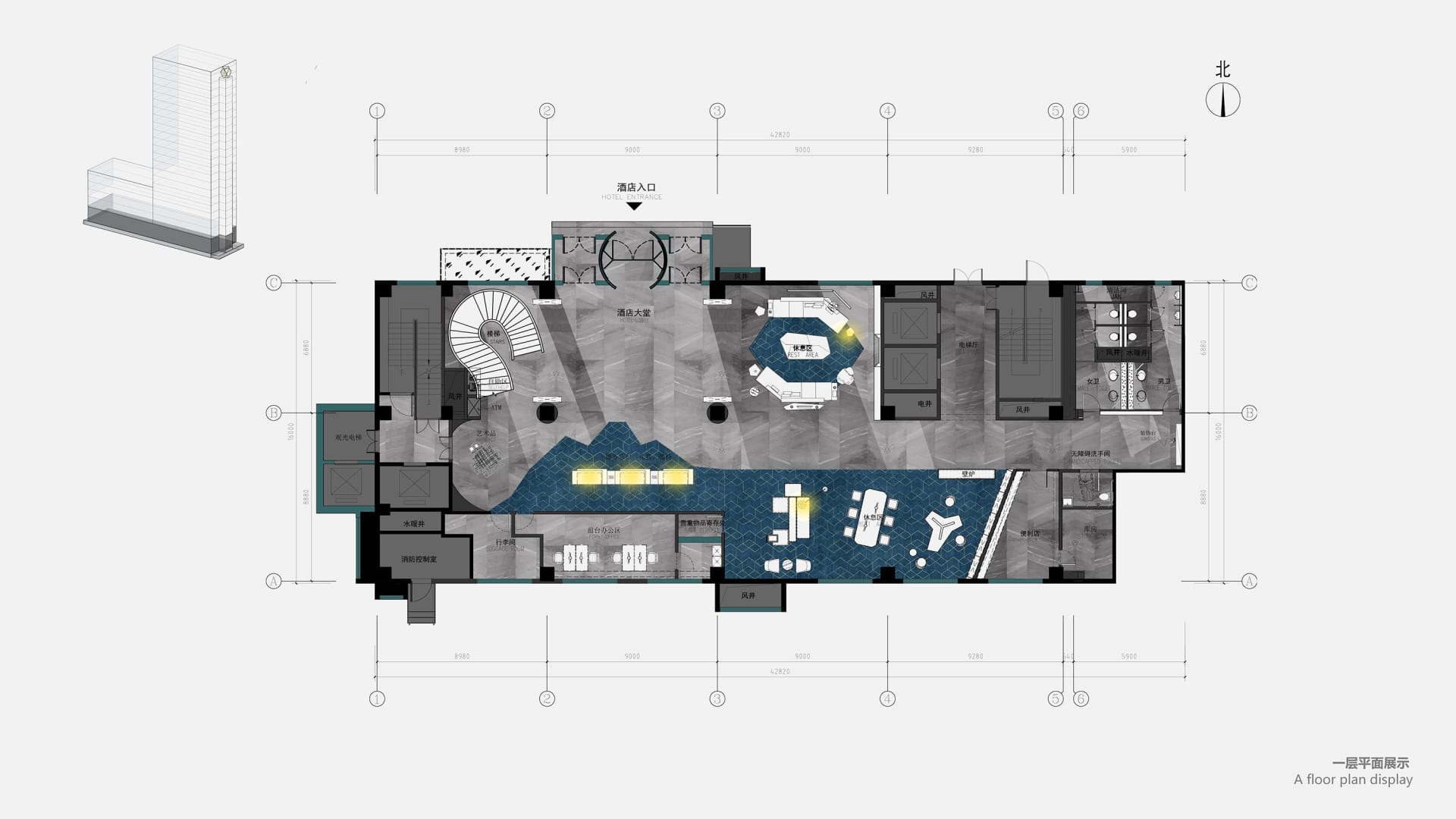 Floor plan of a hotel lobby showcasing concrete, glass, and metal materials.