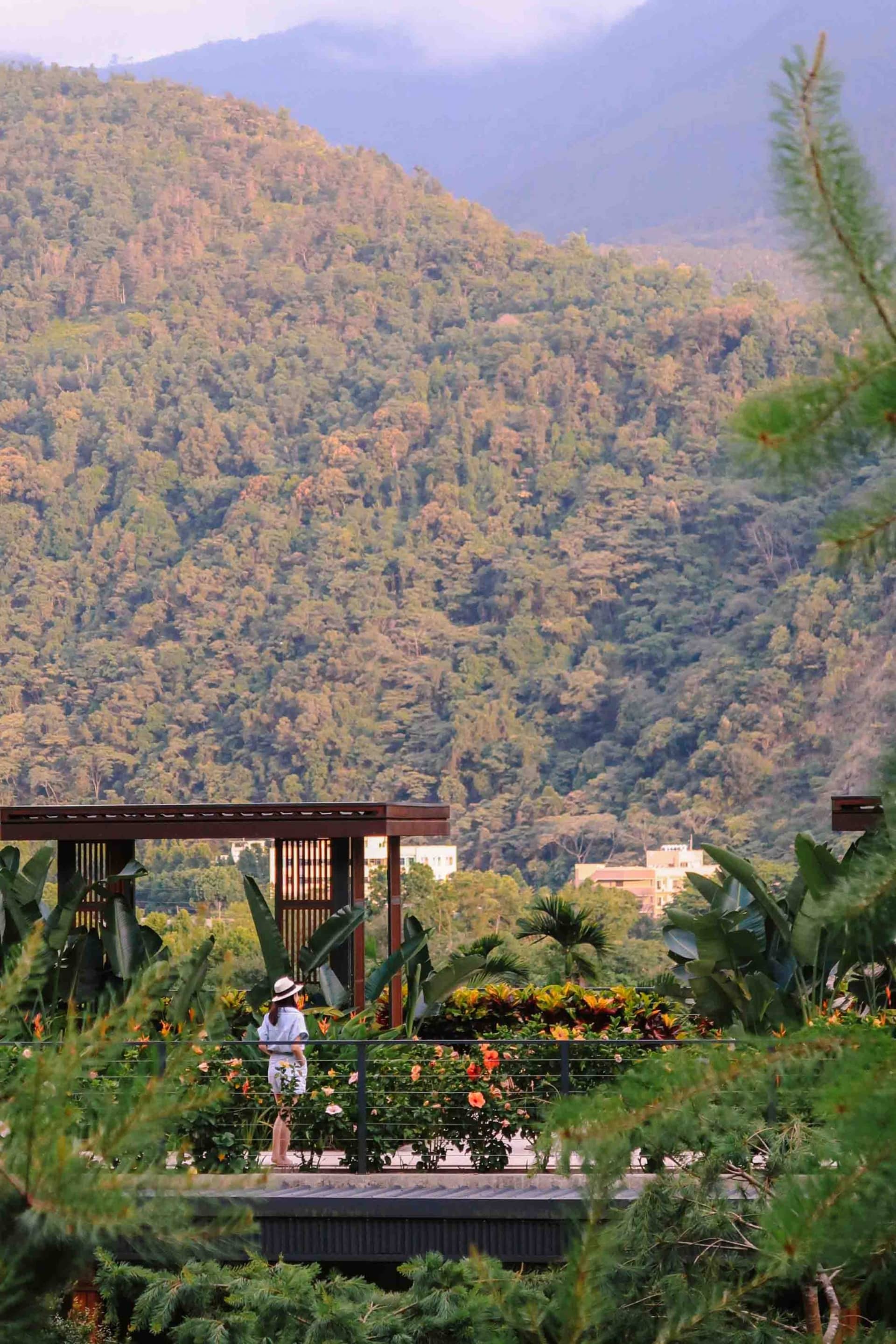 一位人士站在混凝土步道上,周圍環繞著茂密綠植,背景為山脈景觀。