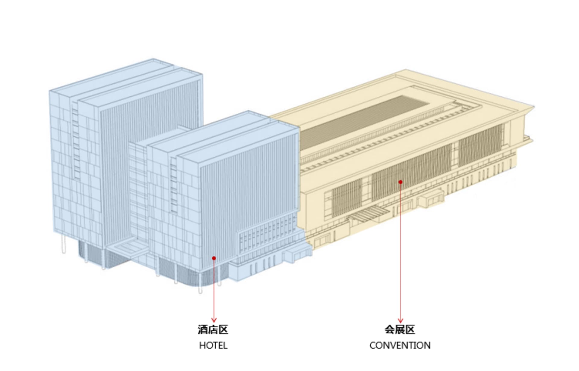 現代飯店與會議中心的 3D 渲染圖,外觀採用玻璃與混凝土材質。
