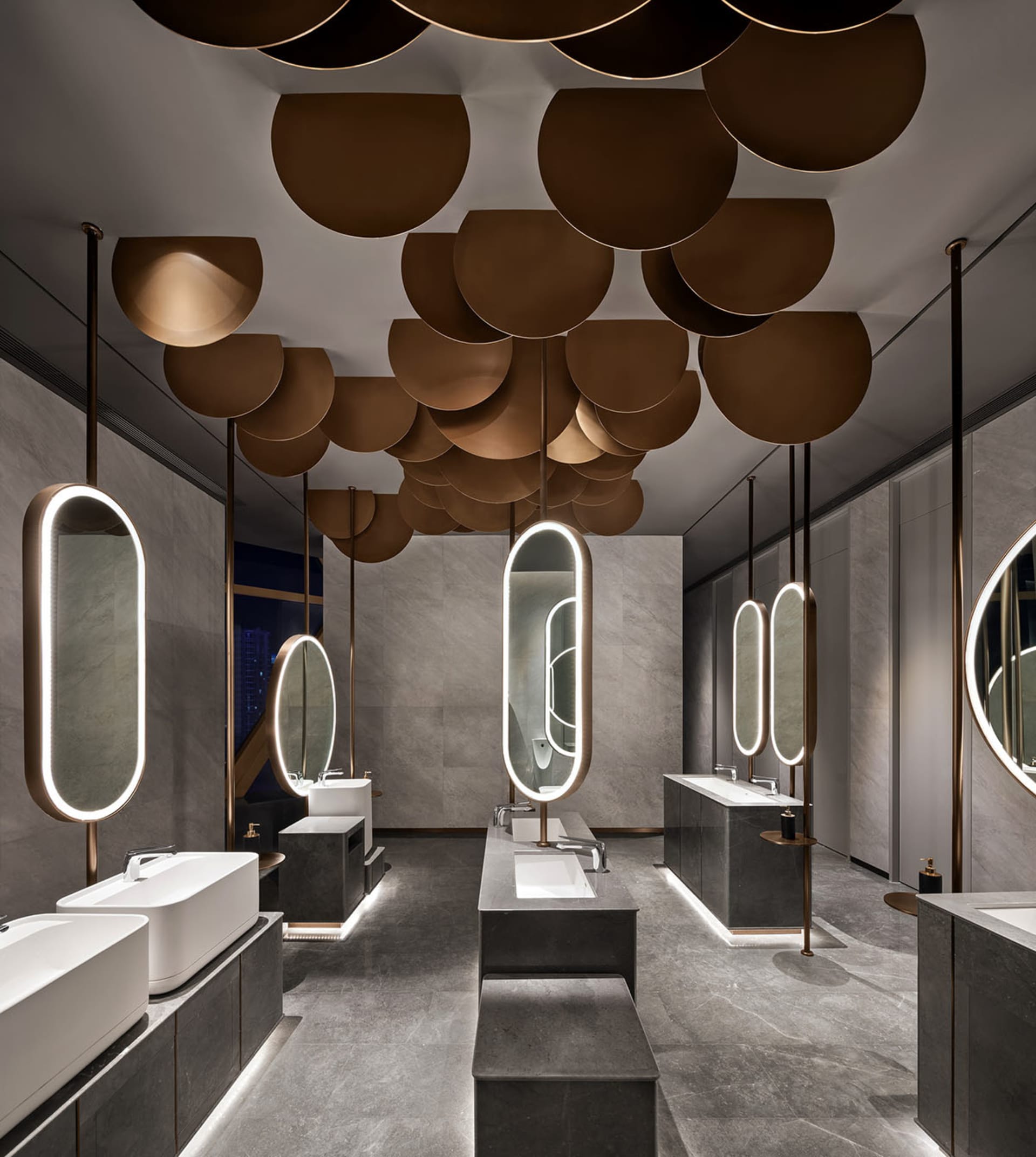 Interior design of a modern bathroom with concrete and glass materials.