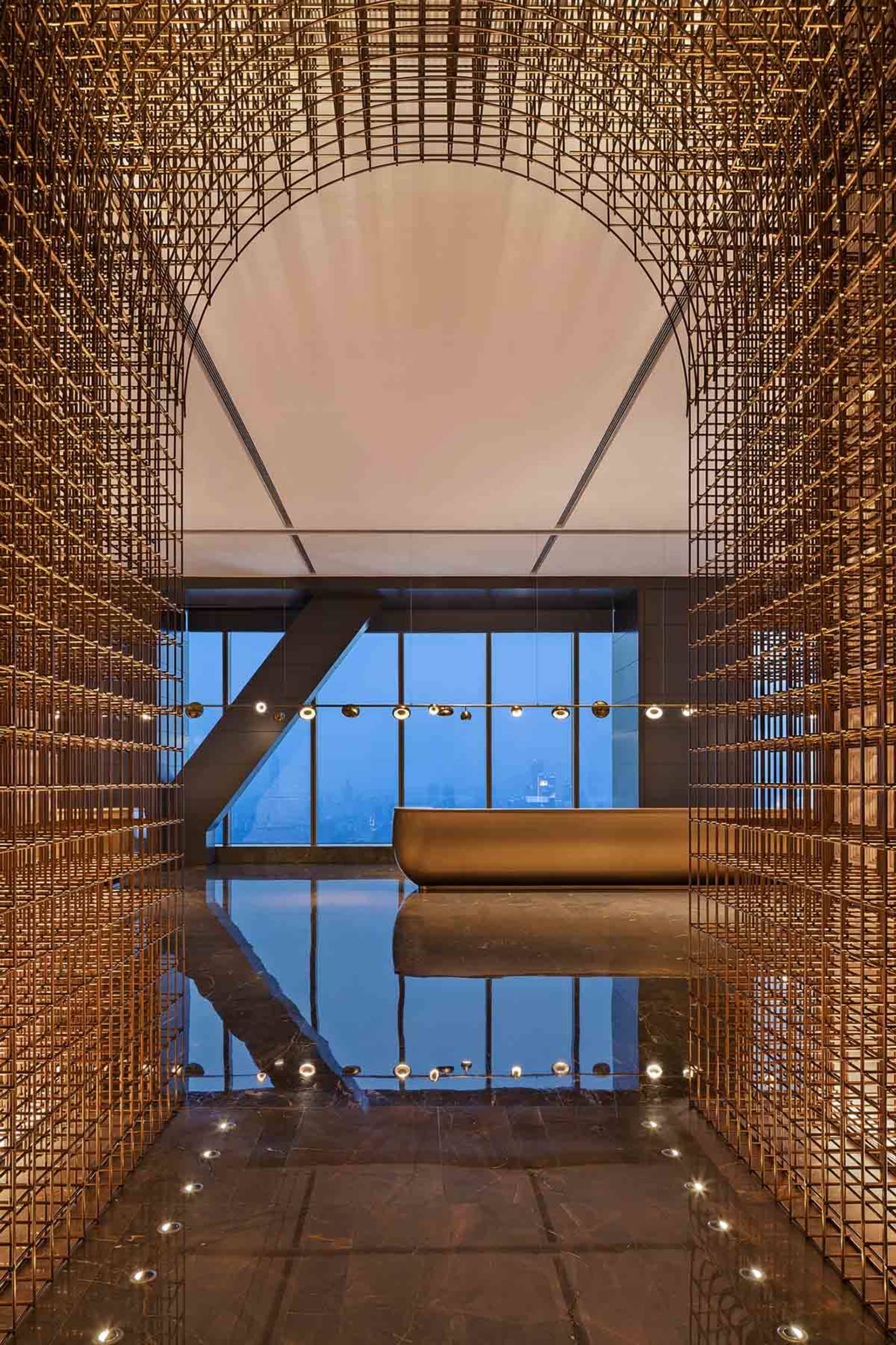 Modern lobby featuring metallic wire architecture